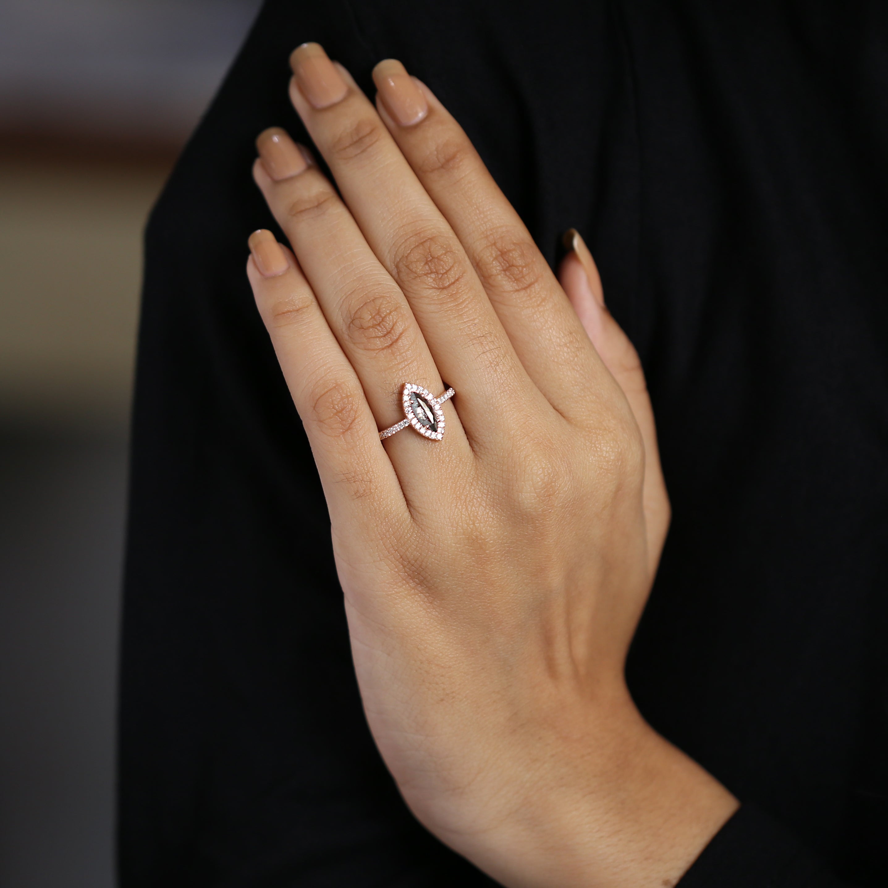 Marquise Salt And Pepper Diamond Ring 0.73 Ct 9.90 MM Marquise Diamond Ring 14K Solid Rose Gold Silver Engagement Ring Gift For Her QL780