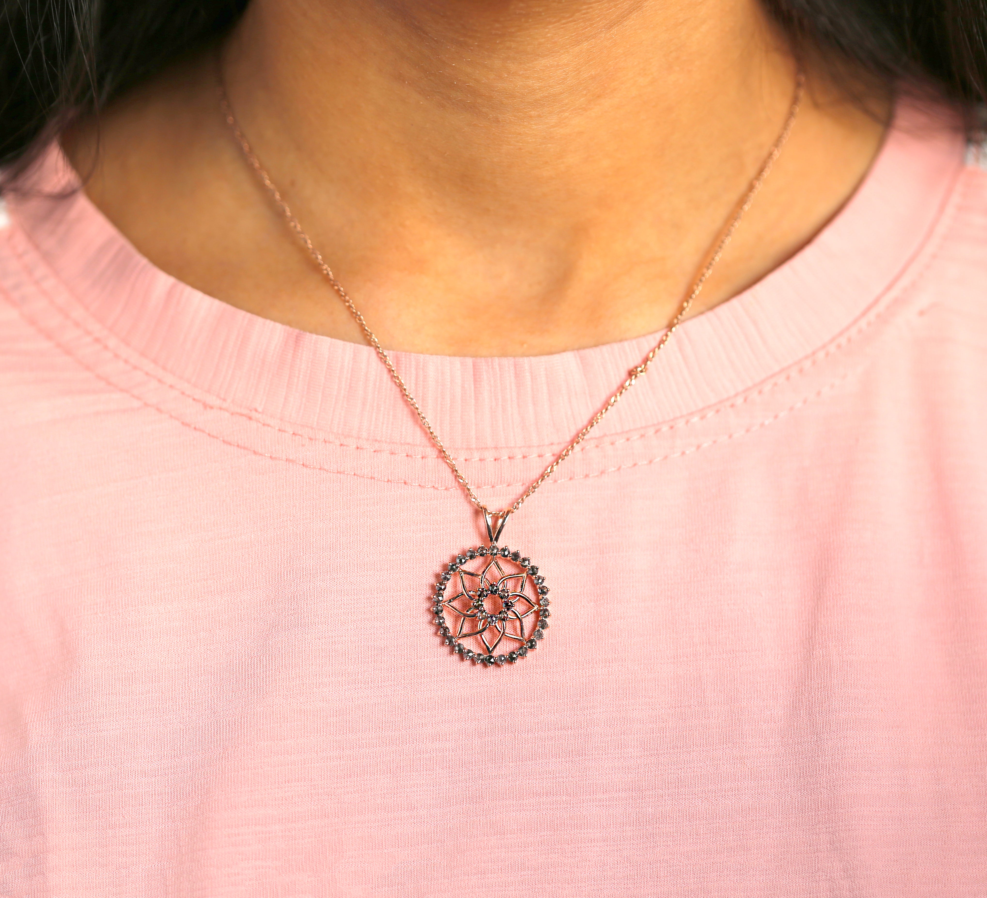 1.45 CT Salt And Pepper Diamond Pendant, Round Rose Cut Diamond Pendant, 14K Rose Gold Pendant, Necklace Pendant, Gift For Her KDK1951