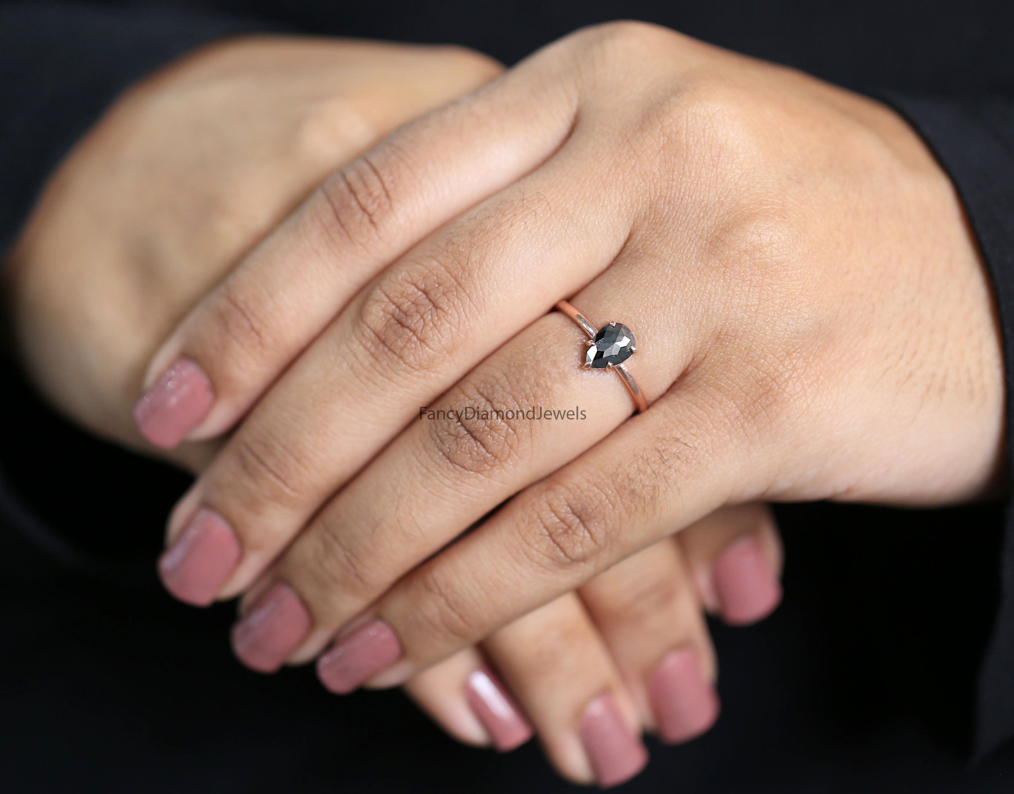 Pear Cut Black Color Diamond Ring 0.61 Ct 7.60 MM Pear Diamond Ring 14K Solid Rose Gold Silver Pear Engagement Ring Gift For Her QK2618
