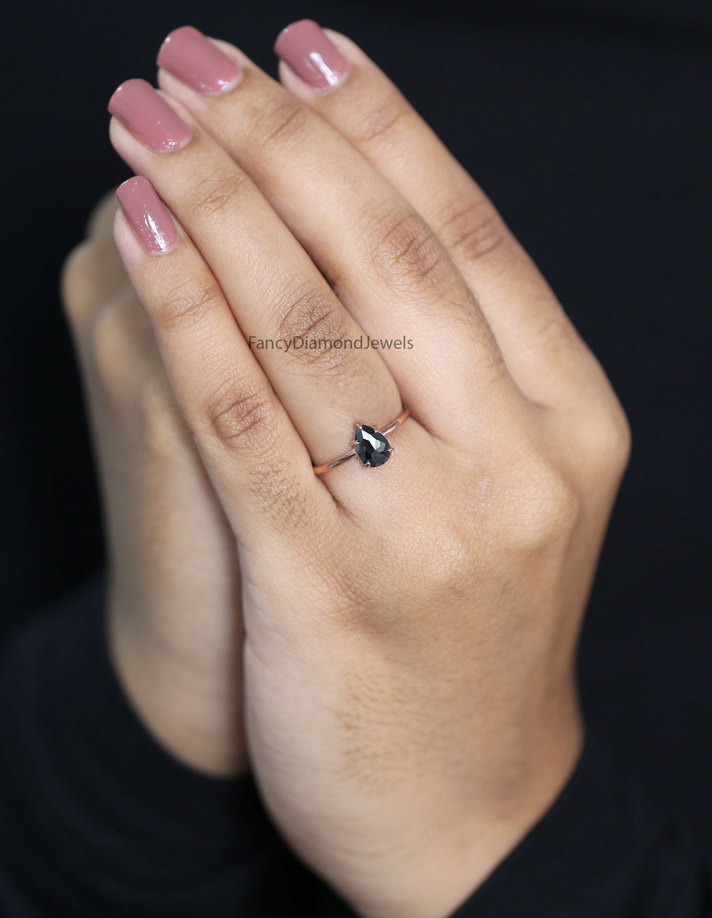 Pear Cut Black Color Diamond Ring 0.61 Ct 7.60 MM Pear Diamond Ring 14K Solid Rose Gold Silver Pear Engagement Ring Gift For Her QK2618
