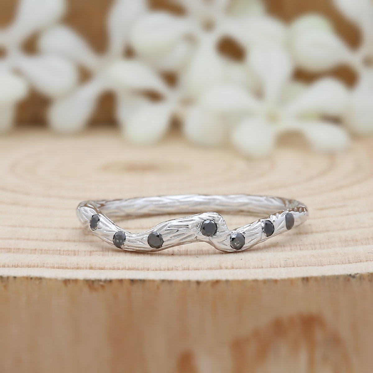 10K White Gold Band Natural Black Round Diamond Ring Engagement Wedding Bridal Gift Ring KD040