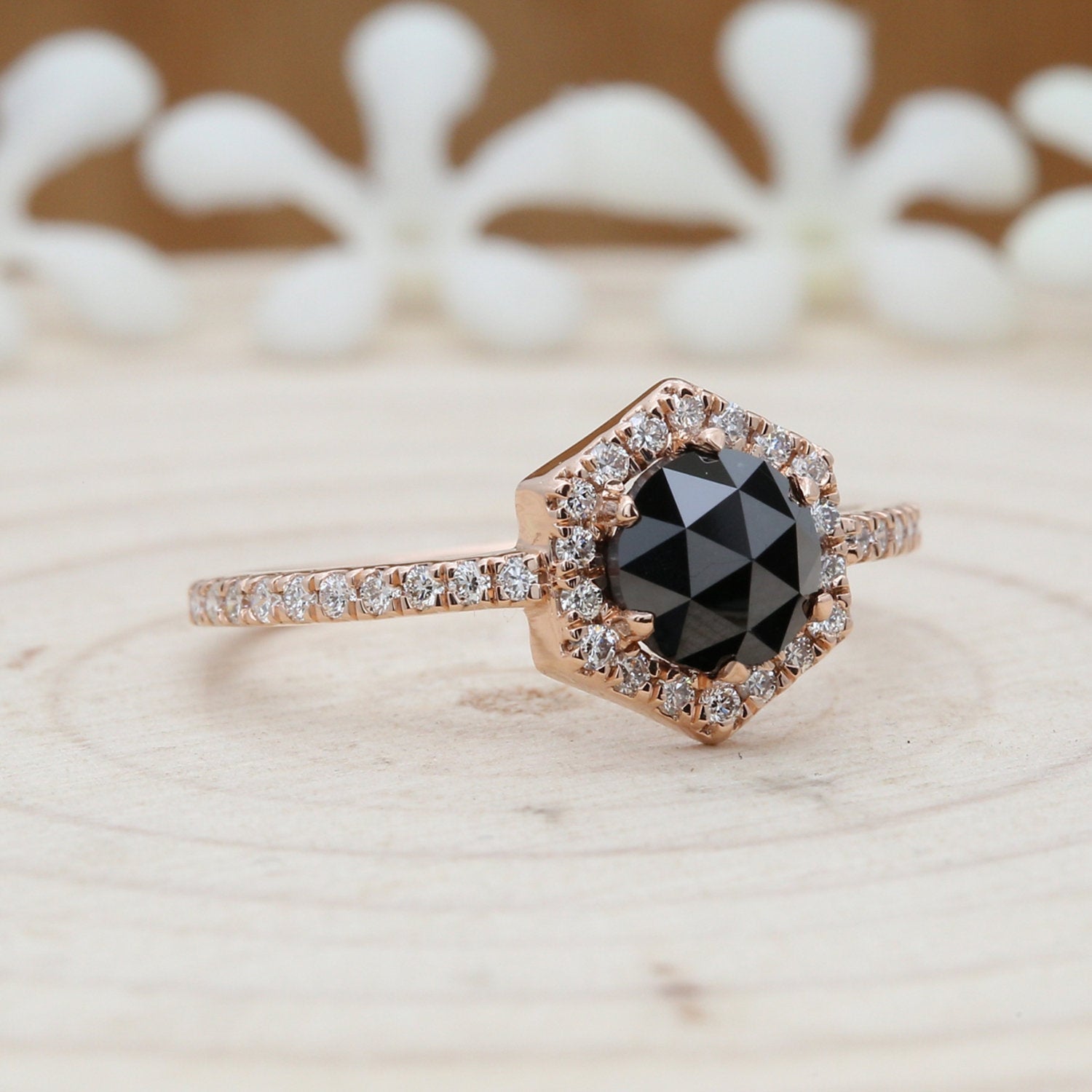 Black Round Rose Cut Diamond 14K Solid Gold Ring Engagement Wedding Gift Ring KD309