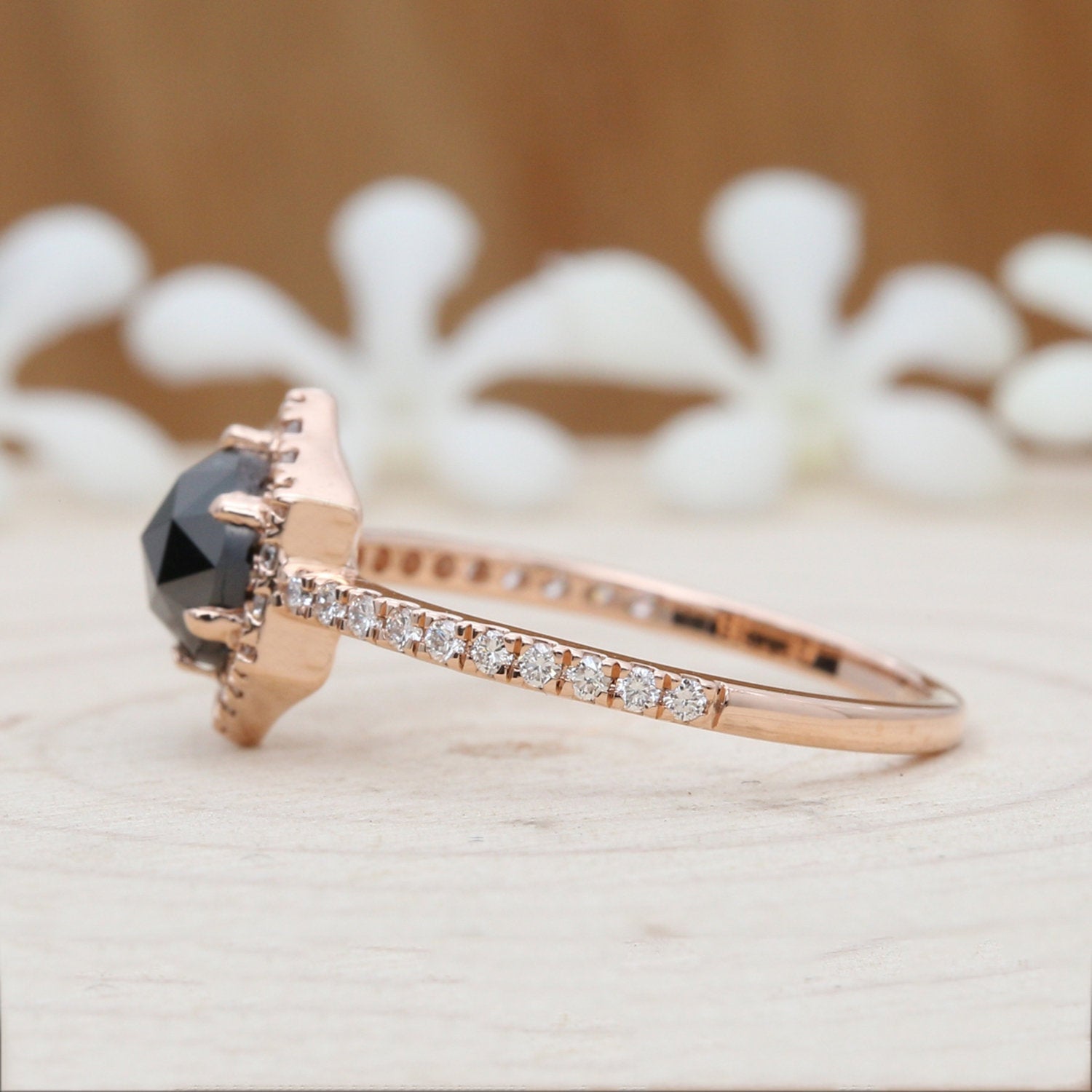 Black Round Rose Cut Diamond 14K Solid Gold Ring Engagement Wedding Gift Ring KD309