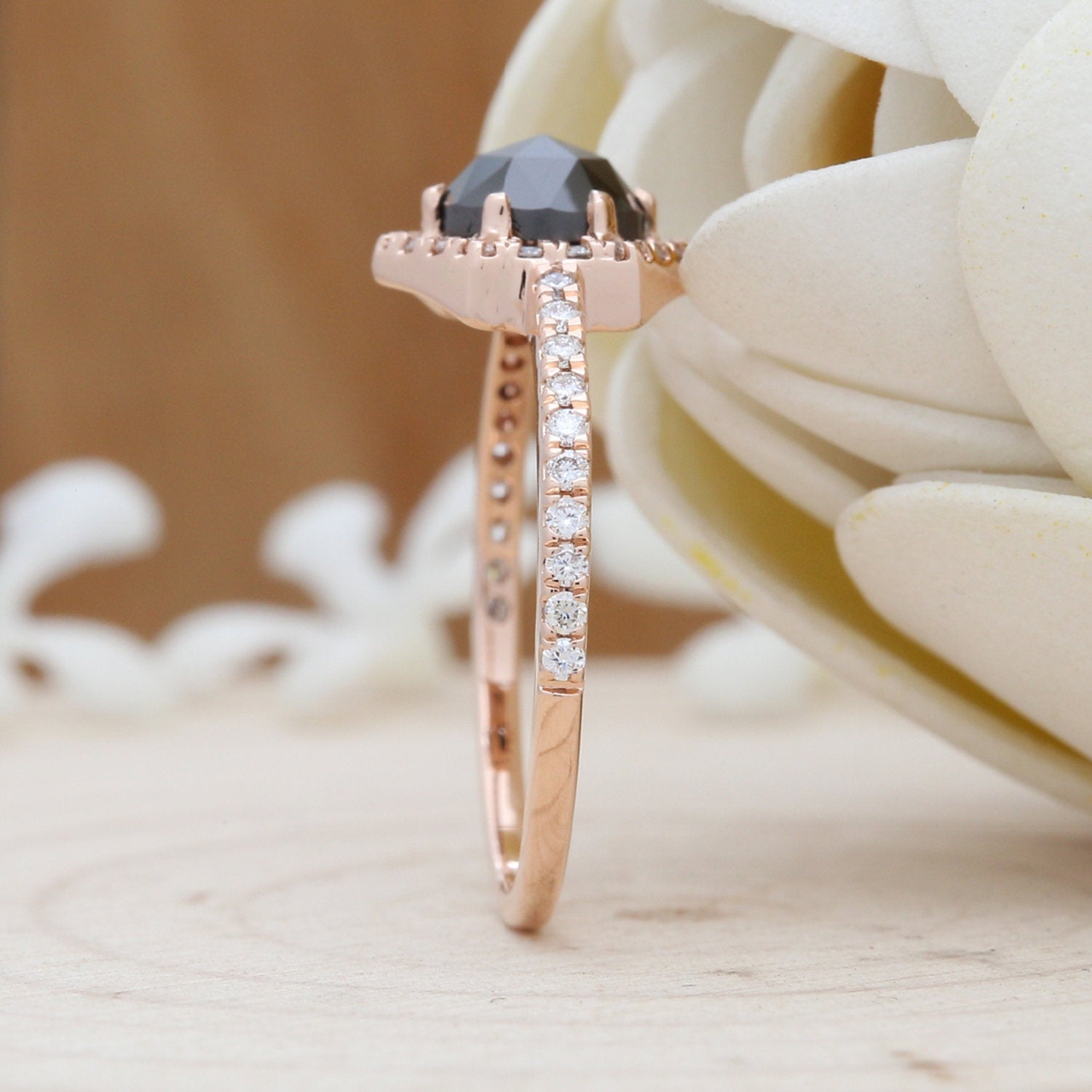 Black Round Rose Cut Diamond 14K Solid Gold Ring Engagement Wedding Gift Ring KD309