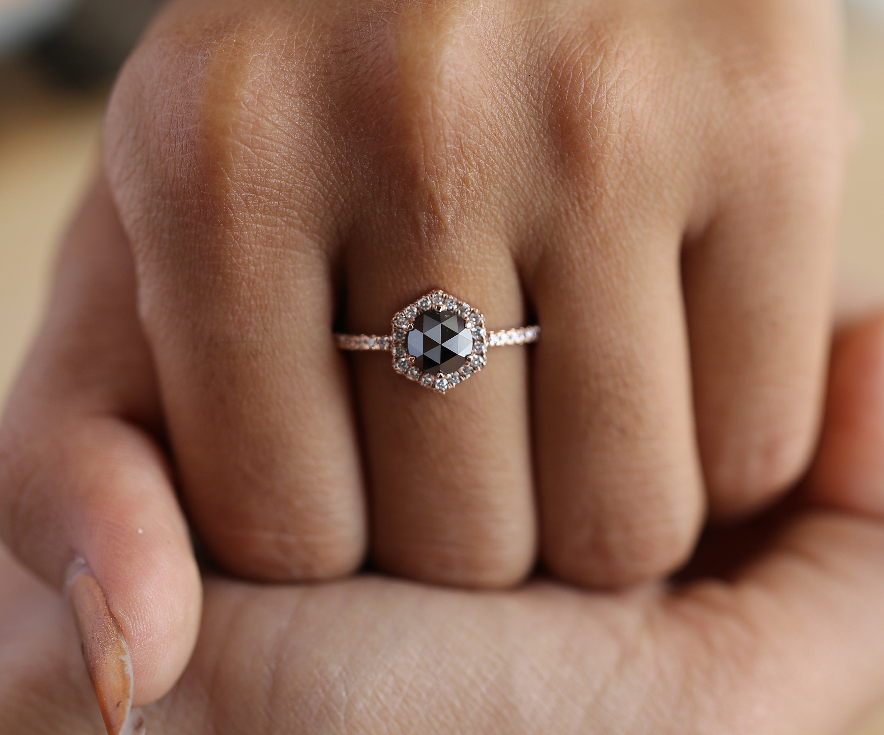 Black Round Rose Cut Diamond 14K Solid Gold Ring Engagement Wedding Gift Ring KD309