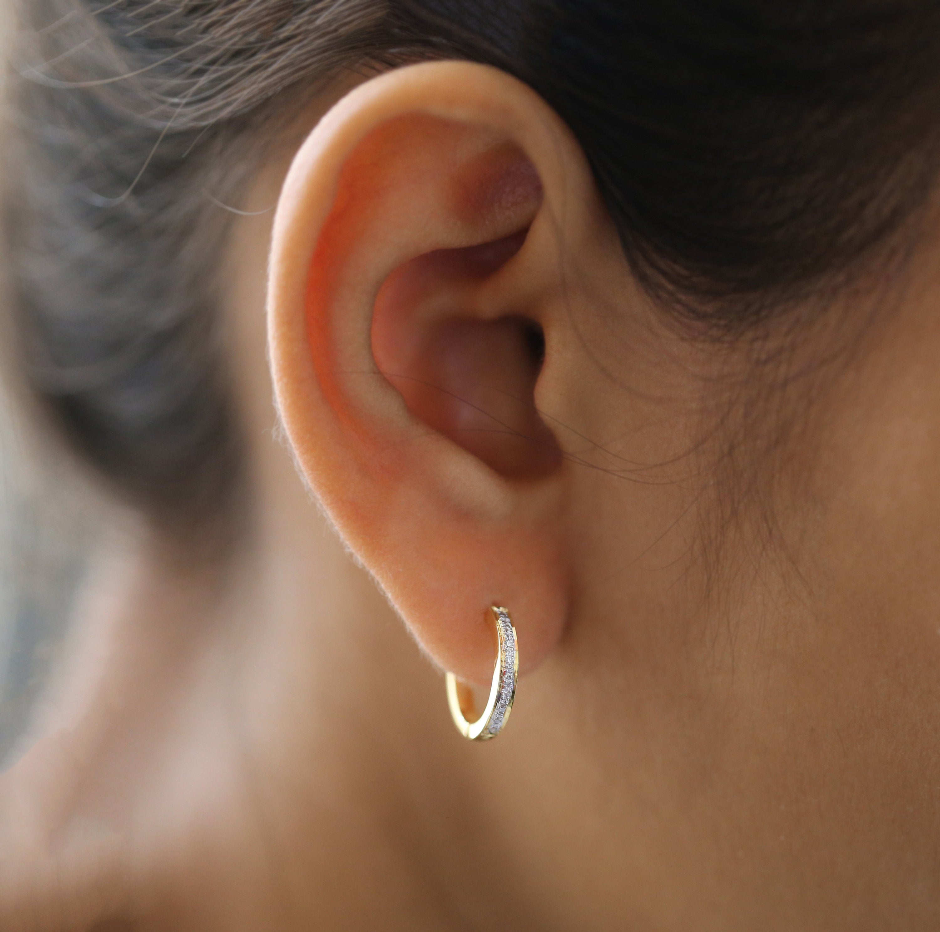 Natural White Round Diamond Earring 14K Yellow Gold Hoop Earring Valentine Gift KD900