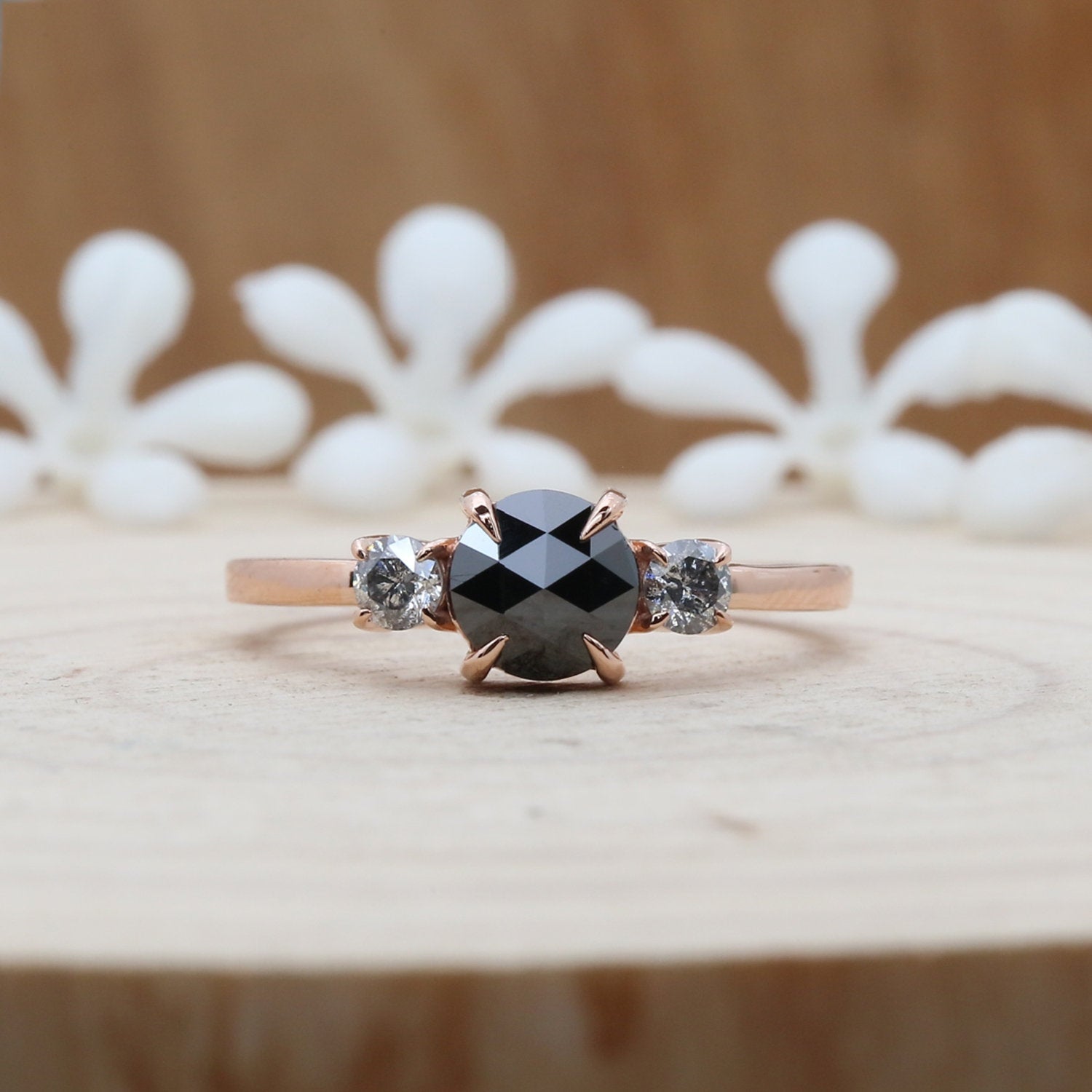 14K Gold 1.30 CTW Vintage Natural Black Diamond Engagement Ring Black Round Twisted Band Wedding Ring Set Bridal Set Gift For Her KD238