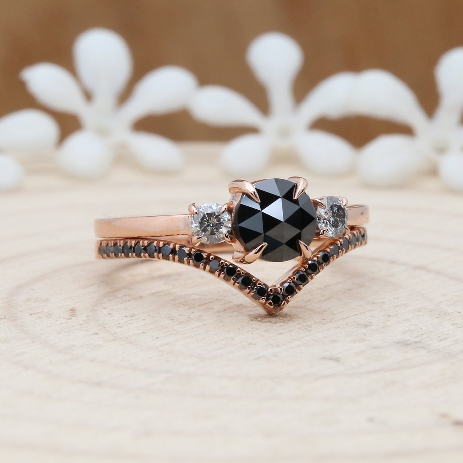 14K Gold 1.30 CTW Vintage Natural Black Diamond Engagement Ring Black Round Twisted Band Wedding Ring Set Bridal Set Gift For Her KD238
