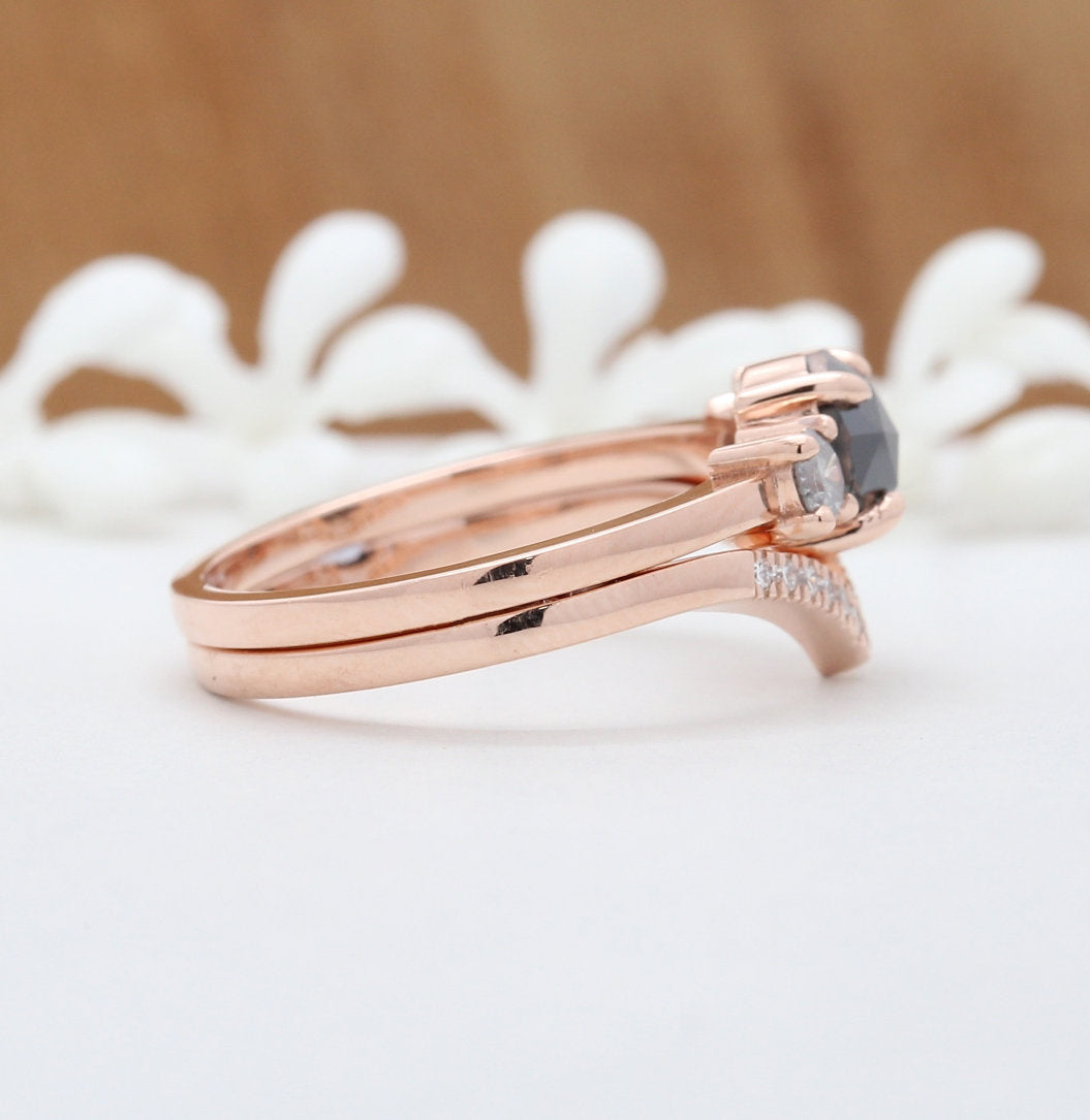 Round Rose Cut Diamond 14K Solid Rose Gold Ring Set Engagement Wedding Gift Ring KD686
