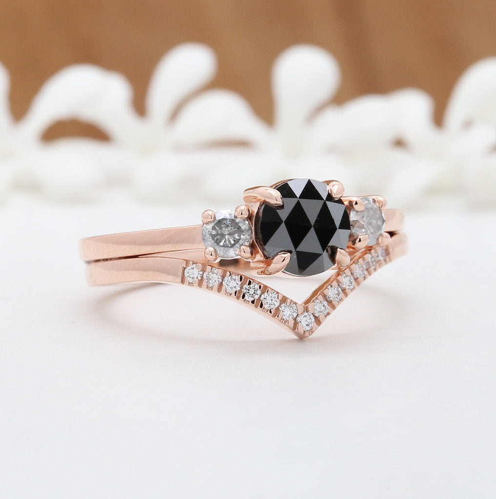 Round Rose Cut Diamond 14K Solid Rose Gold Ring Set Engagement Wedding Gift Ring KD686