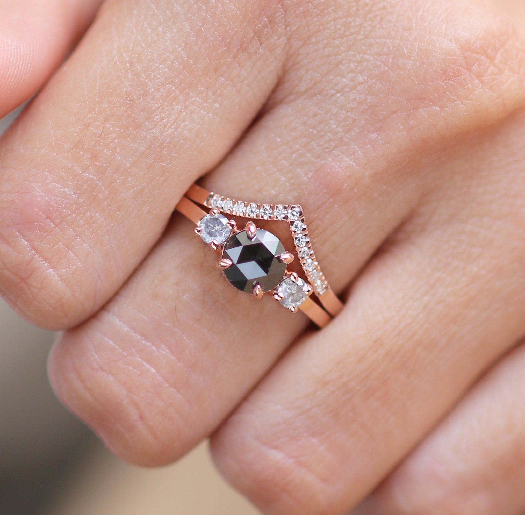 Round Rose Cut Diamond 14K Solid Rose Gold Ring Set Engagement Wedding Gift Ring KD686