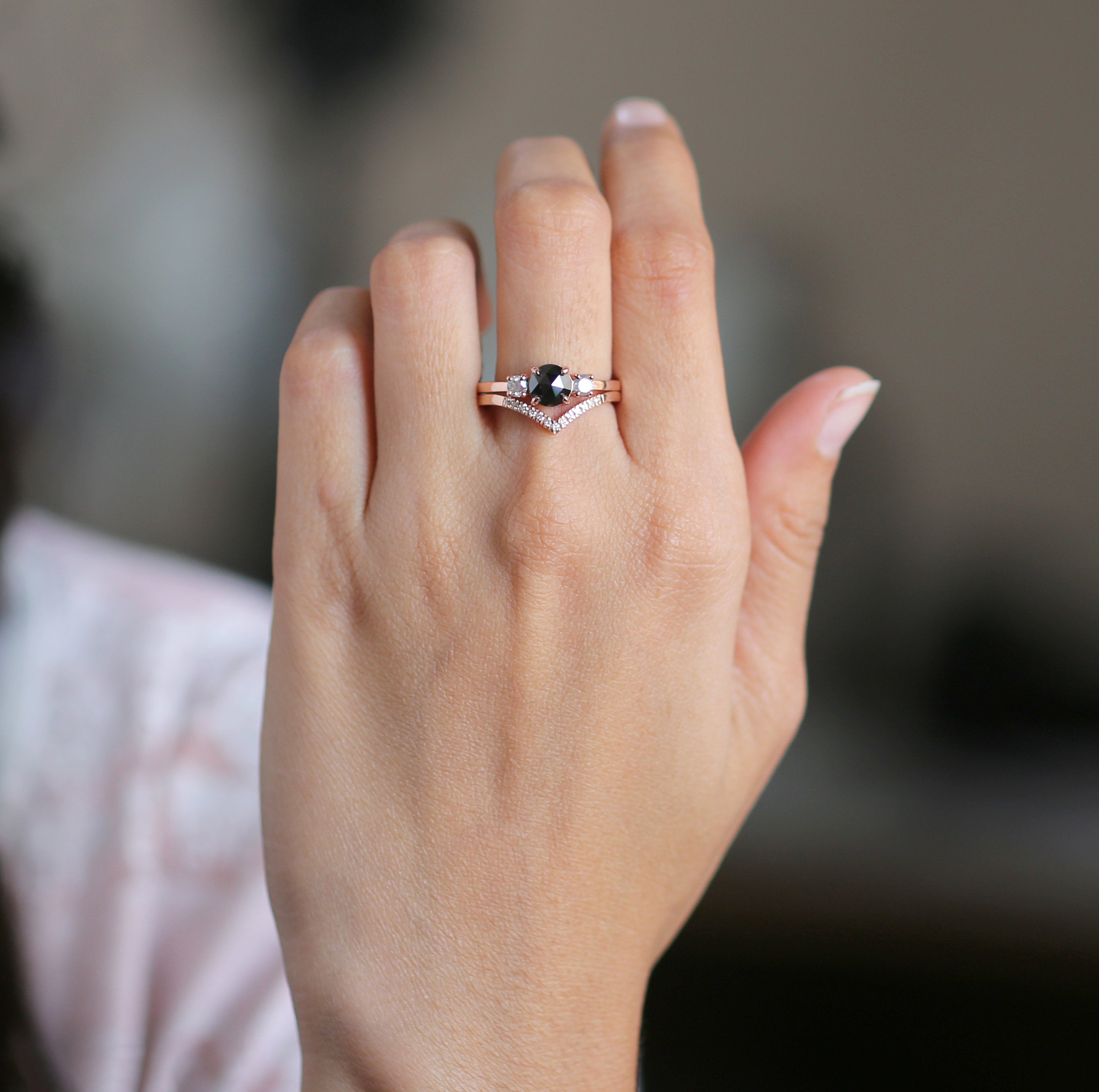 Round Rose Cut Diamond 14K Solid Rose Gold Ring Set Engagement Wedding Gift Ring KD686