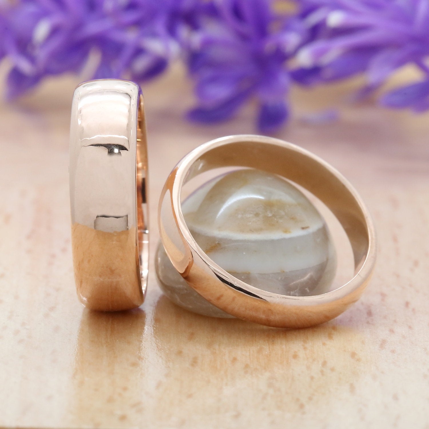 Couple Wedding Band Ring 14K Rose White Yellow Solid Glossy Gold Ring Engagement Gift Ring KD777