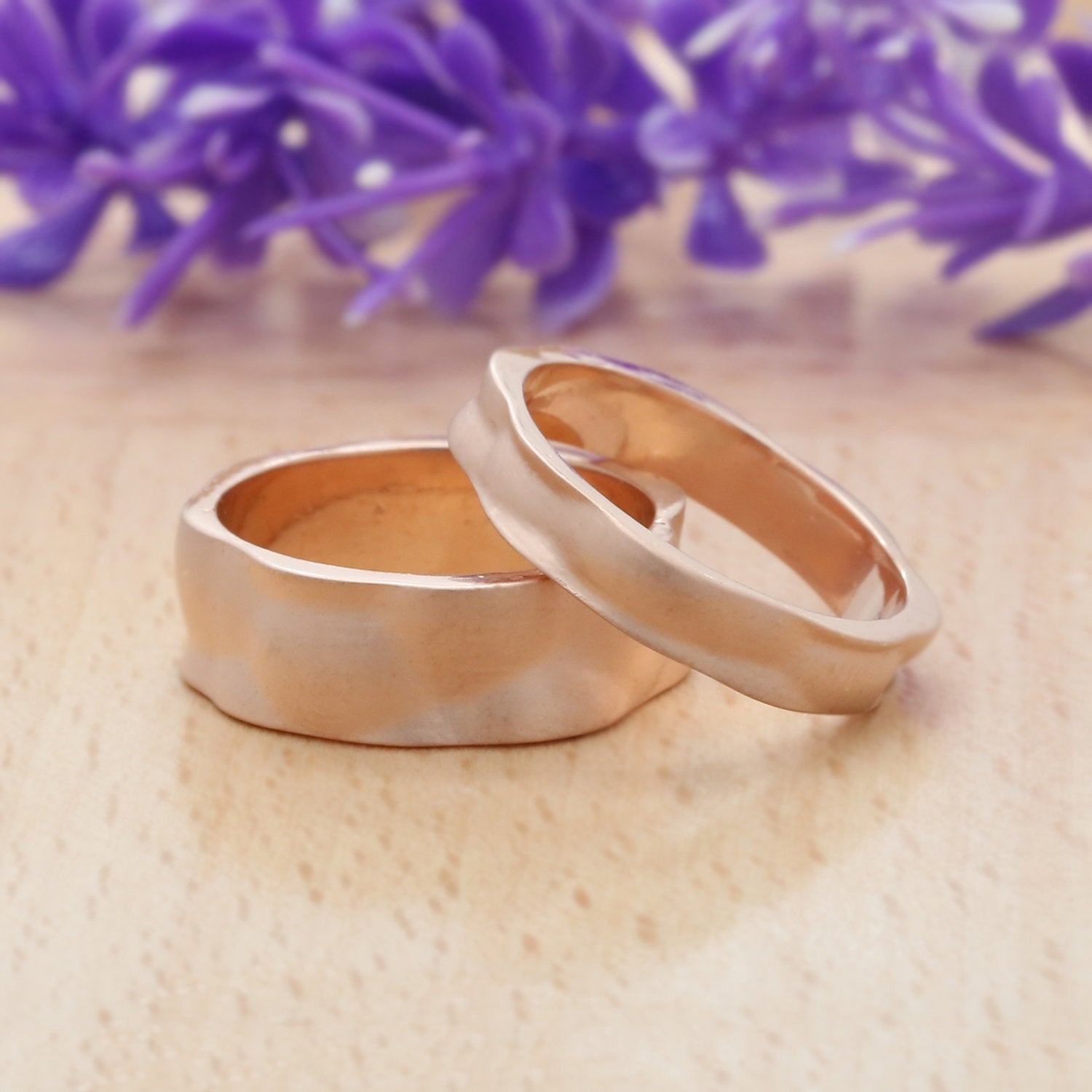 Couple Wedding Hammer Band Ring 14K Rose White Yellow Solid Matte Gold Ring Engagement Gift Ring KD781