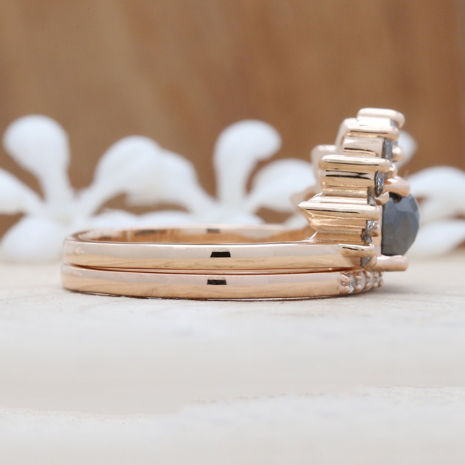 Salt And Pepper Half Moon Diamond 14K Solid Gold Ring Set Engagement Wedding Gift Ring KD803