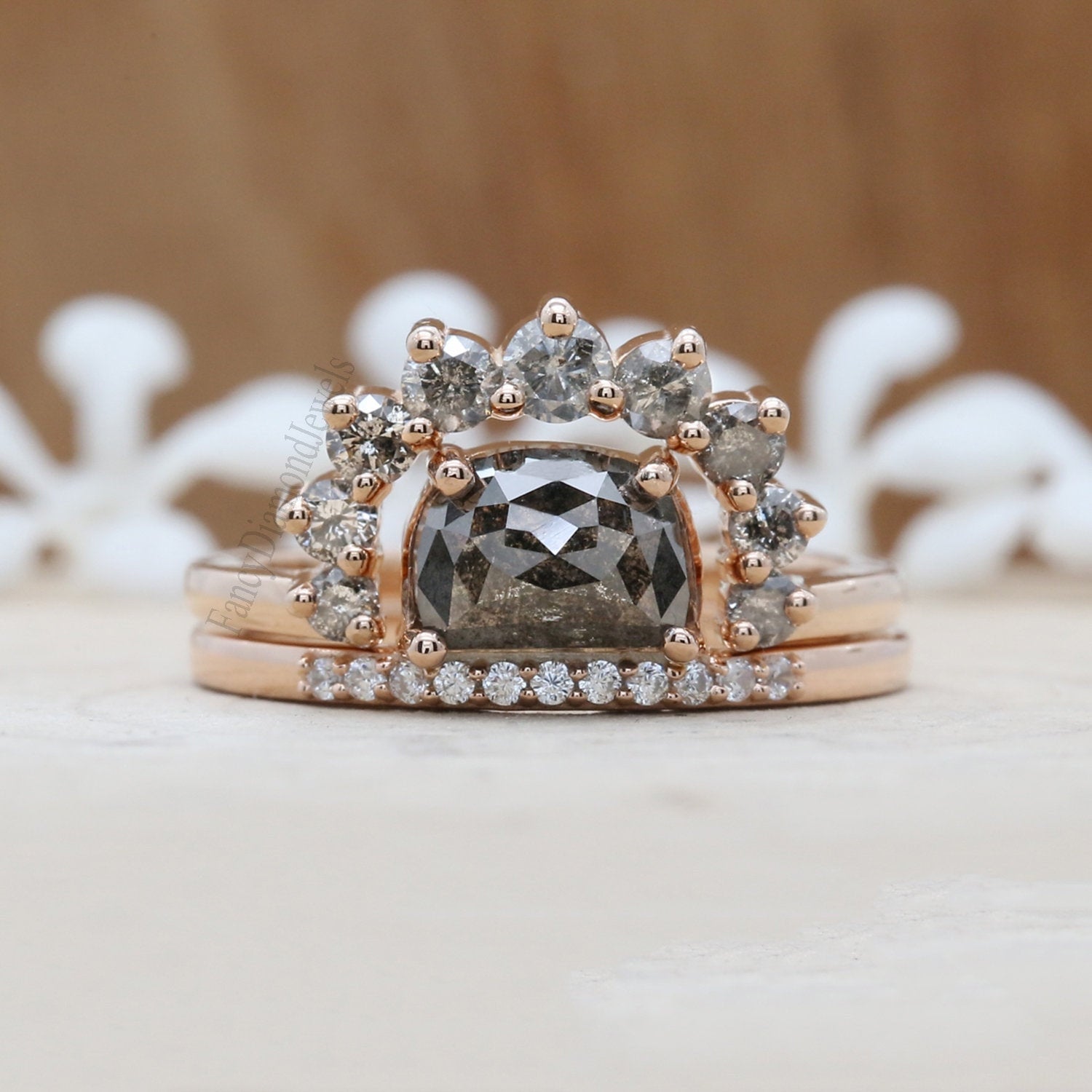 Salt And Pepper Half Moon Diamond 14K Solid Gold Ring Set Engagement Wedding Gift Ring KD803