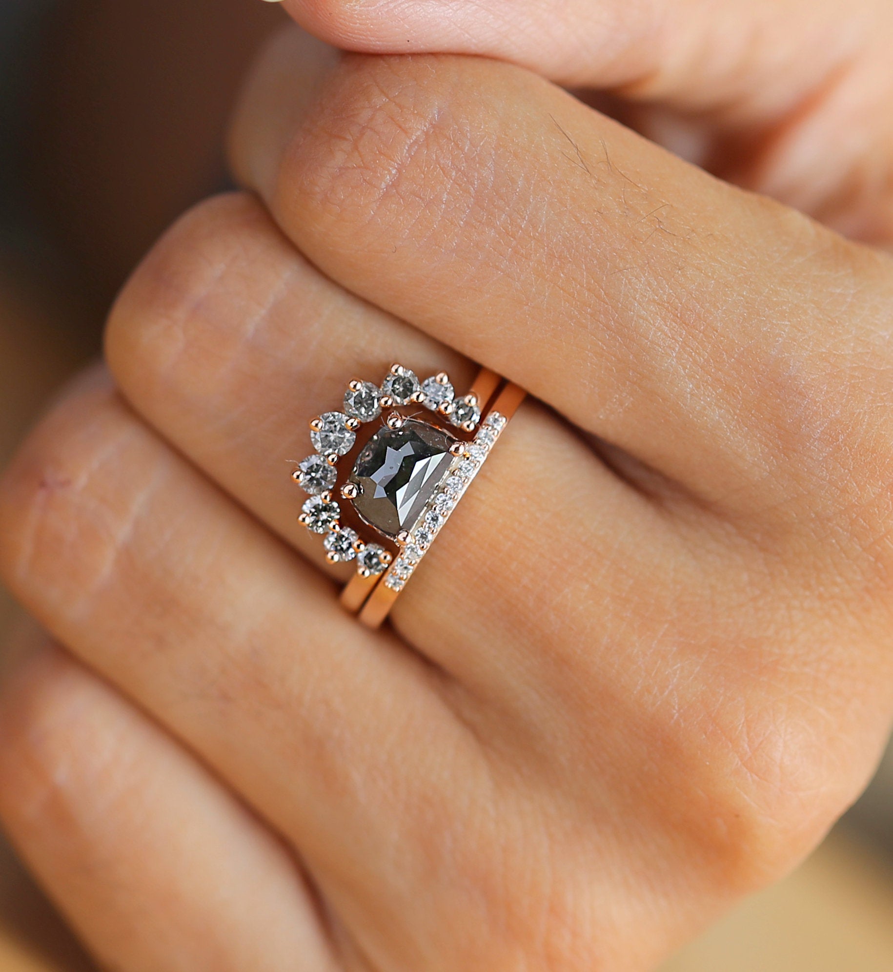 Salt And Pepper Half Moon Diamond 14K Solid Gold Ring Set Engagement Wedding Gift Ring KD803