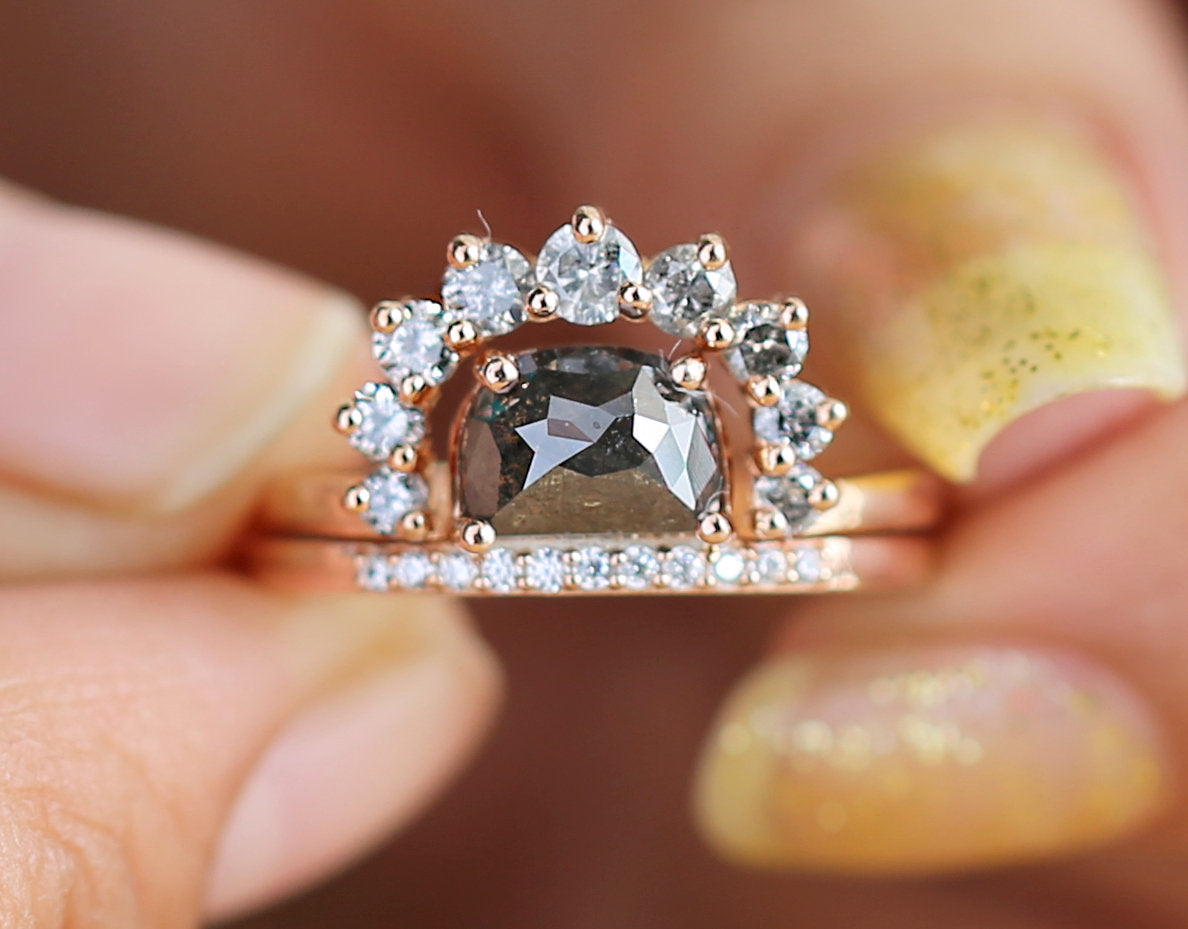 Salt And Pepper Half Moon Diamond 14K Solid Gold Ring Set Engagement Wedding Gift Ring KD803