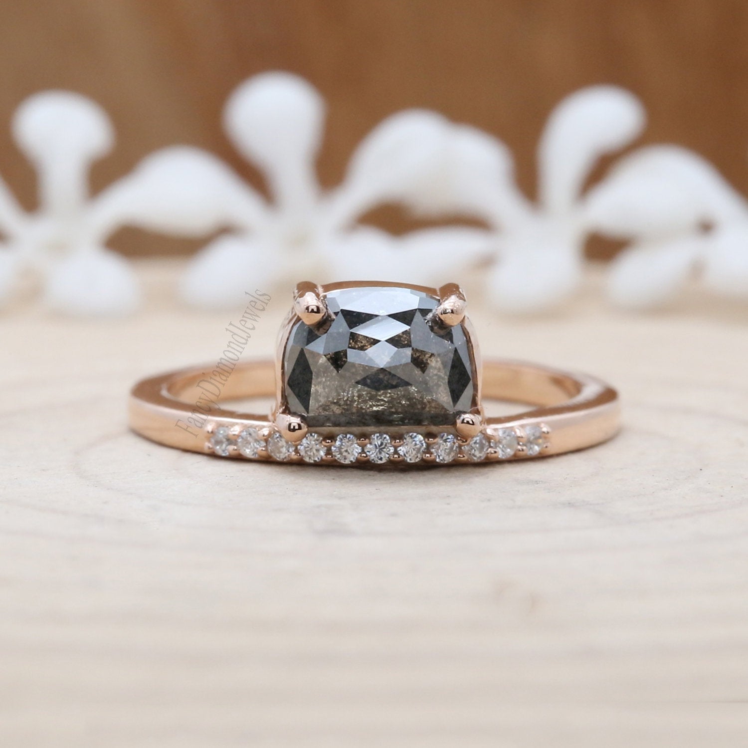 Salt And Pepper Half Moon Diamond 14K Solid Gold Ring Set Engagement Wedding Gift Ring KD803