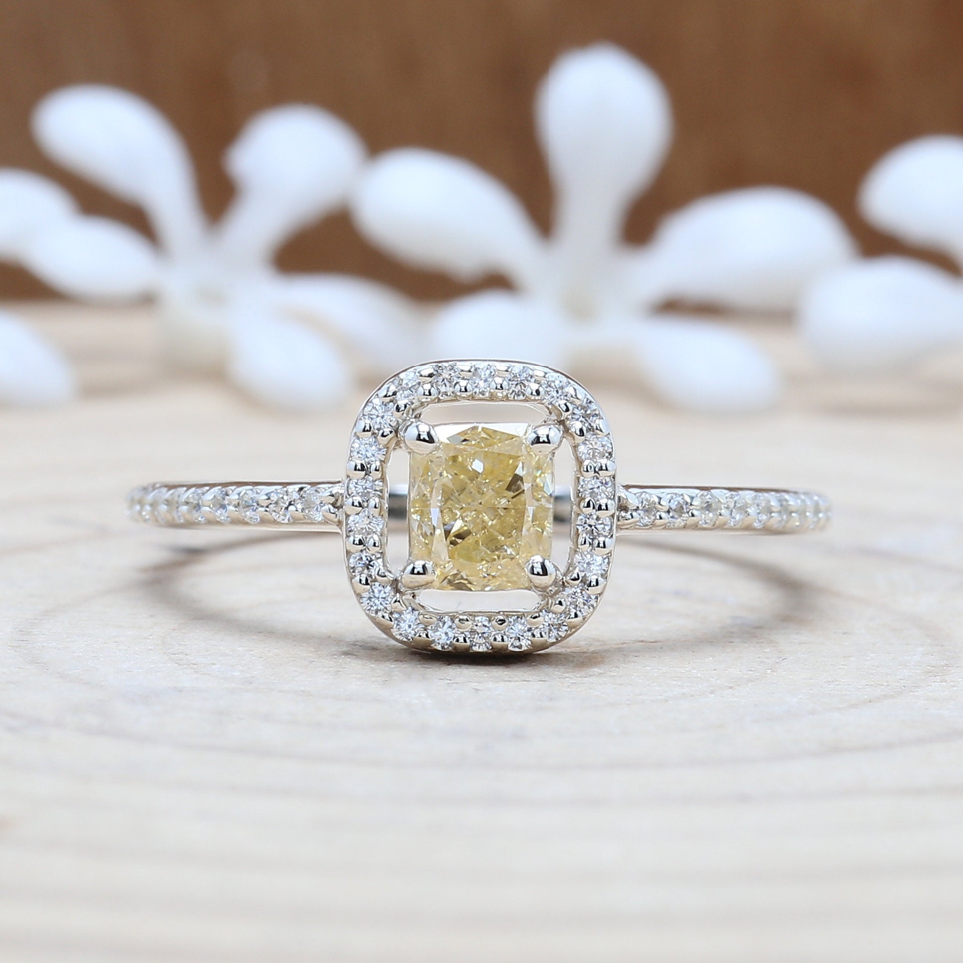 Cushion Yellow Color Diamond Ring 0.62 Ct 4.70 MM Cushion Shape Diamond Ring 14K Solid White Gold Silver Engagement Ring Gift For Her QL3105