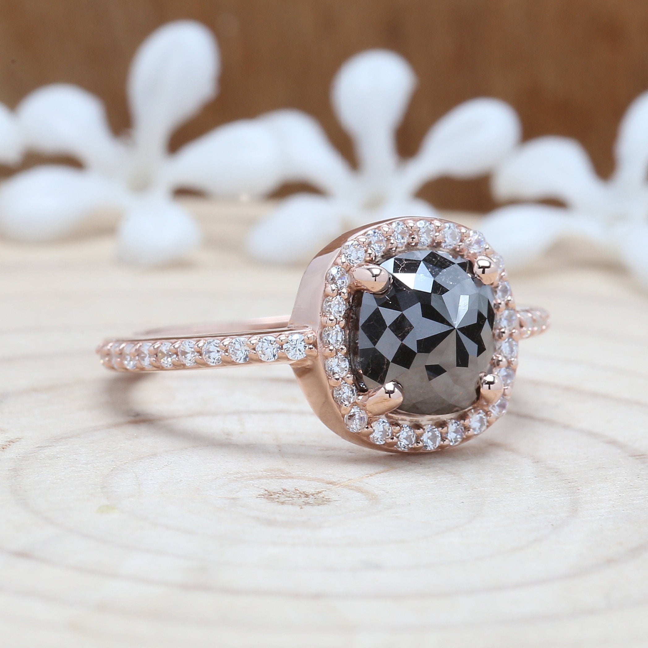 Cushion Cut Black Color Diamond Ring 1.78 Ct 7.70 MM Cushion Diamond Ring 14K Solid Rose Gold Silver Engagement Ring Gift For Her QL3112