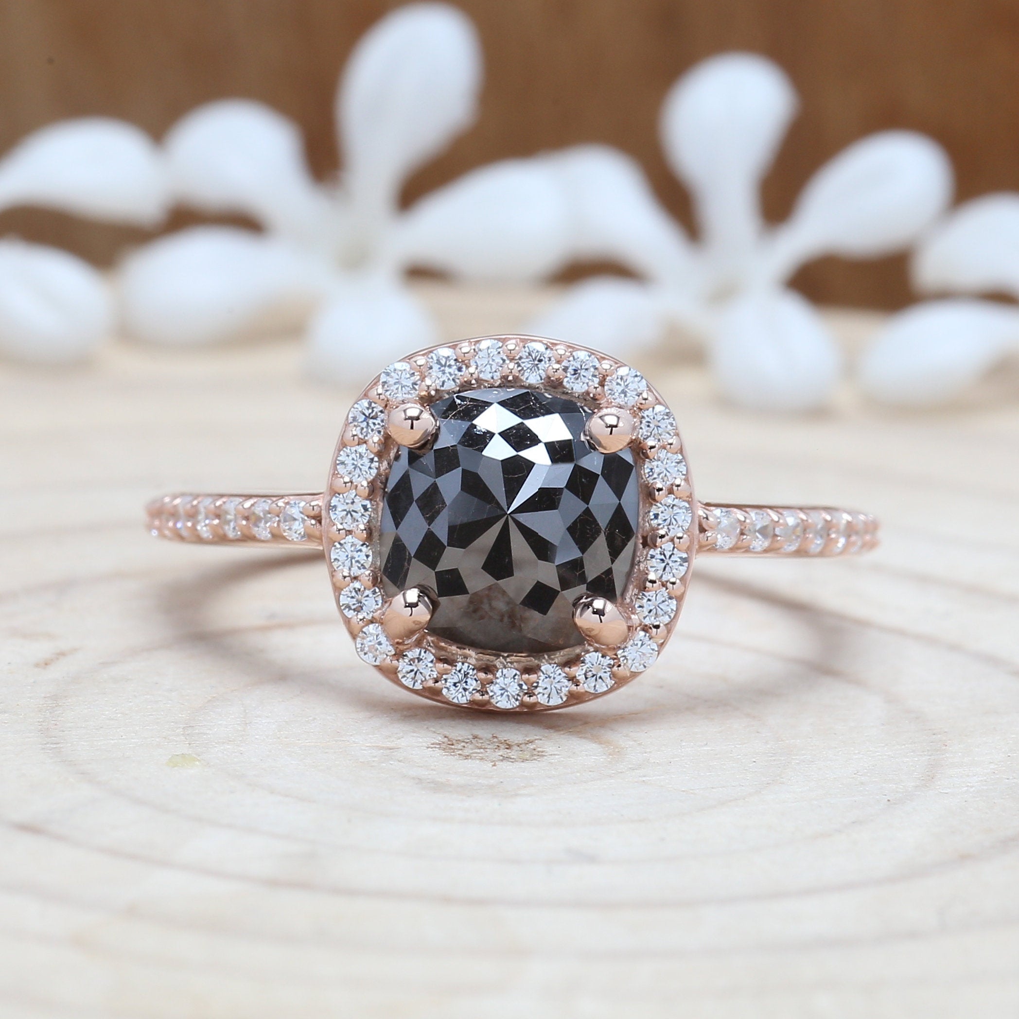Cushion Cut Black Color Diamond Ring 1.78 Ct 7.70 MM Cushion Diamond Ring 14K Solid Rose Gold Silver Engagement Ring Gift For Her QL3112