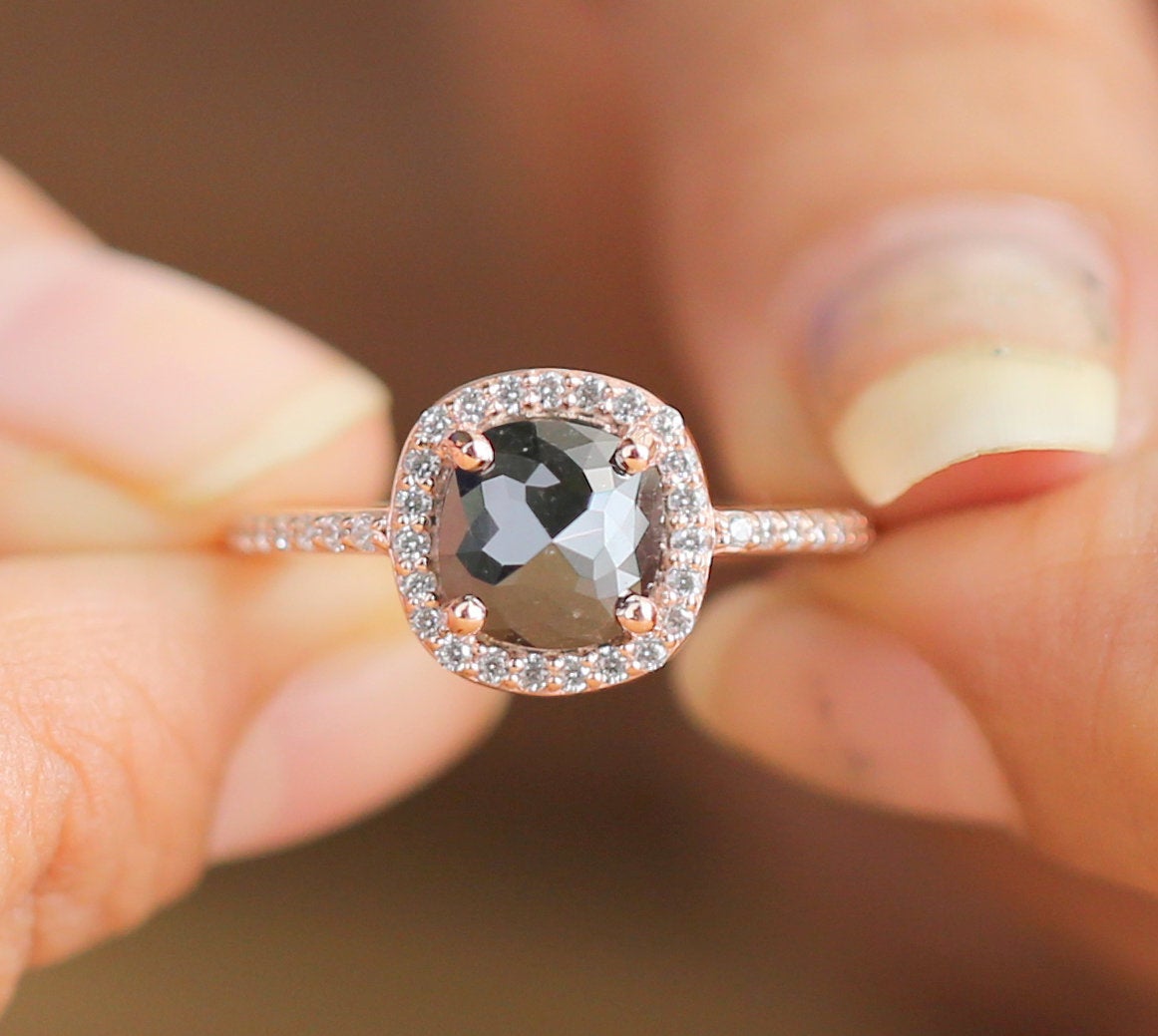 Cushion Cut Black Color Diamond Ring 1.78 Ct 7.70 MM Cushion Diamond Ring 14K Solid Rose Gold Silver Engagement Ring Gift For Her QL3112