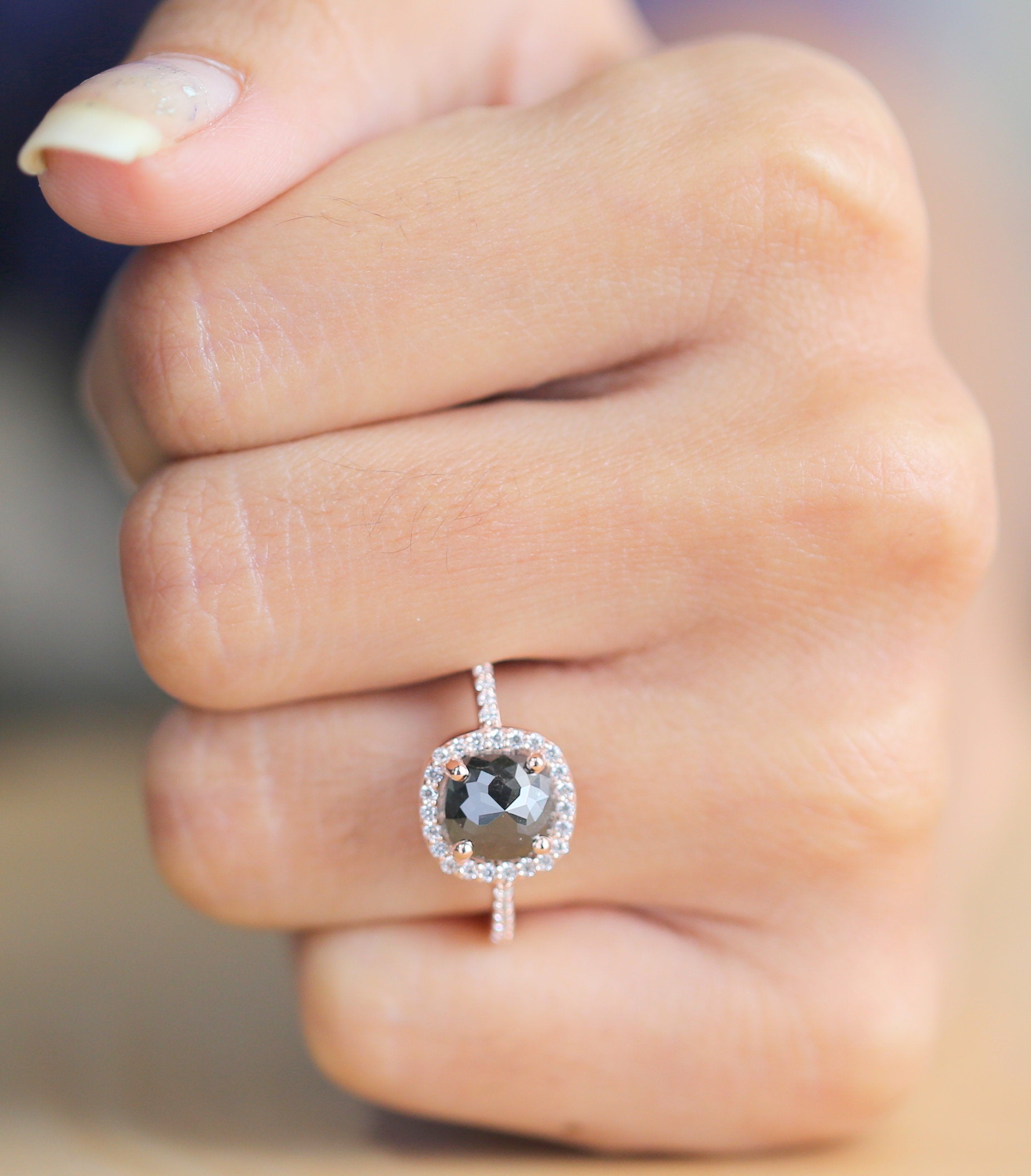 Cushion Cut Black Color Diamond Ring 1.78 Ct 7.70 MM Cushion Diamond Ring 14K Solid Rose Gold Silver Engagement Ring Gift For Her QL3112