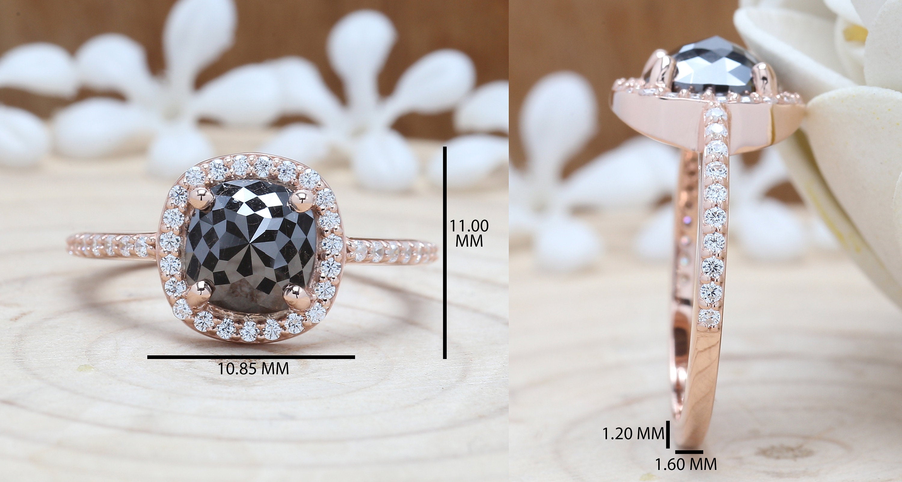 Cushion Cut Black Color Diamond Ring 1.78 Ct 7.70 MM Cushion Diamond Ring 14K Solid Rose Gold Silver Engagement Ring Gift For Her QL3112