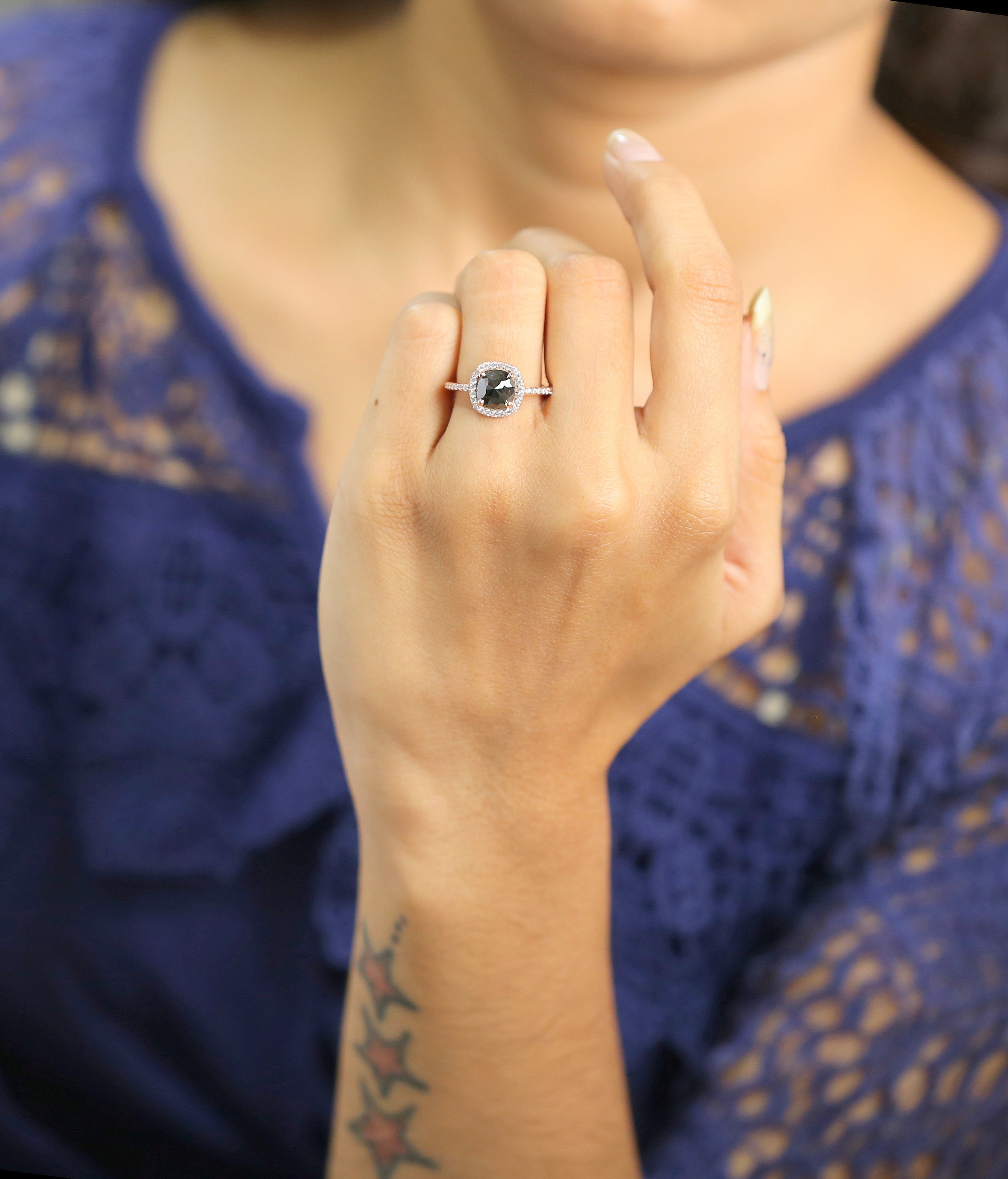 Cushion Cut Black Color Diamond Ring 1.78 Ct 7.70 MM Cushion Diamond Ring 14K Solid Rose Gold Silver Engagement Ring Gift For Her QL3112