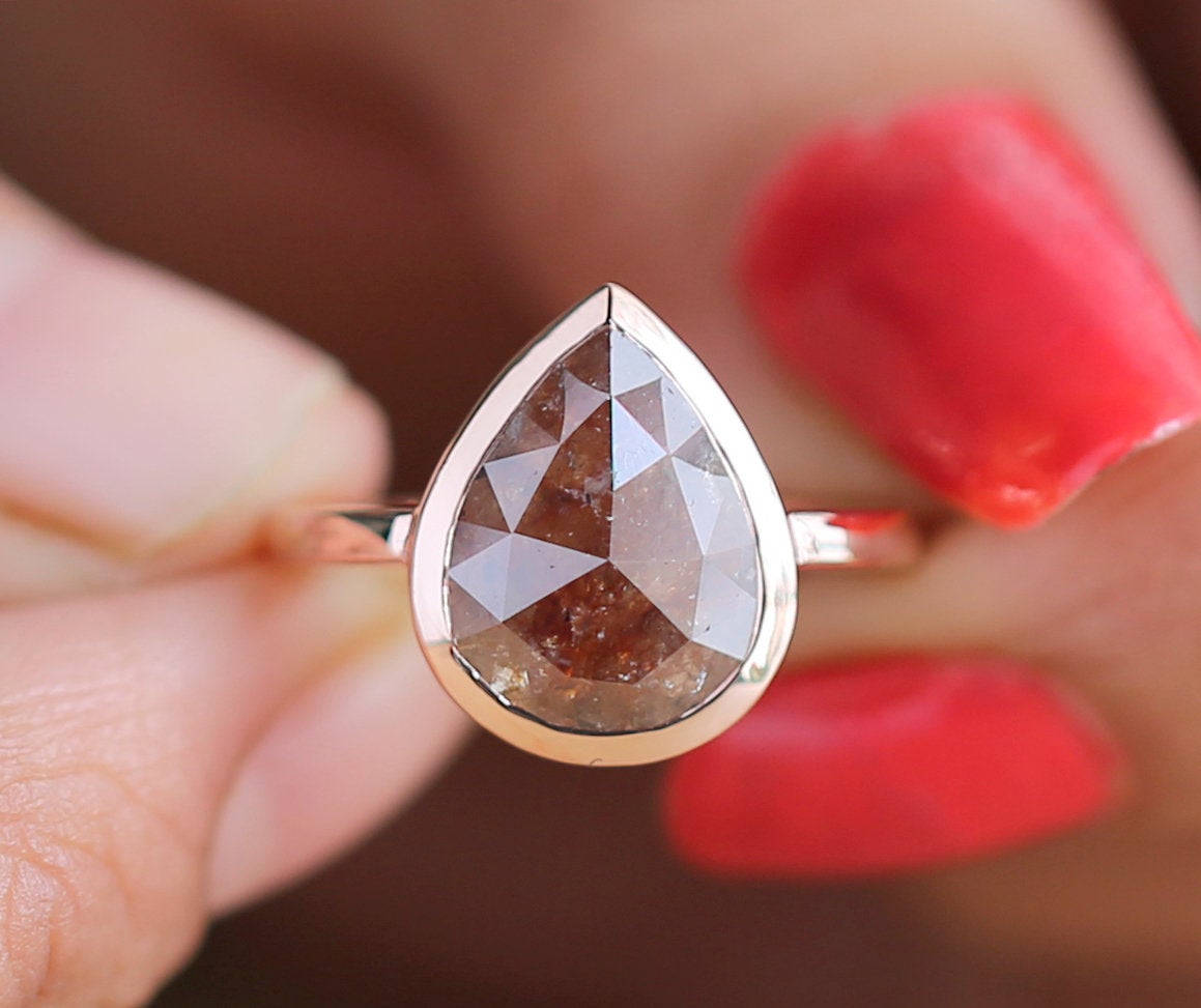 3.58 Ct Brown Pear Diamond 14K Solid Gold Ring Engagement Wedding Gift Ring KDL8325