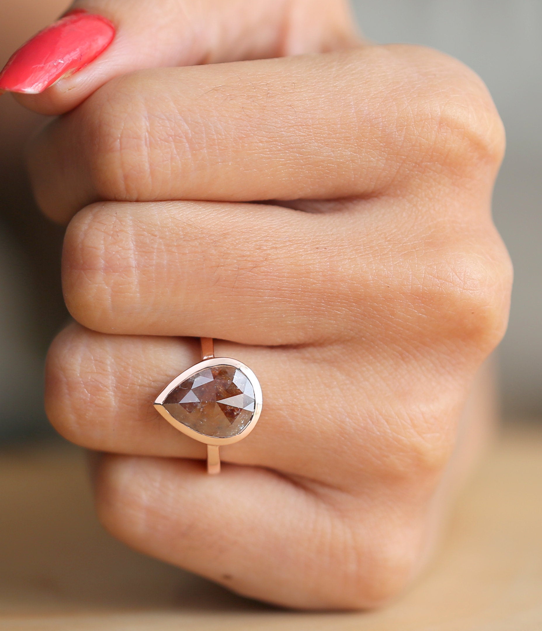 3.58 Ct Brown Pear Diamond 14K Solid Gold Ring Engagement Wedding Gift Ring KDL8325