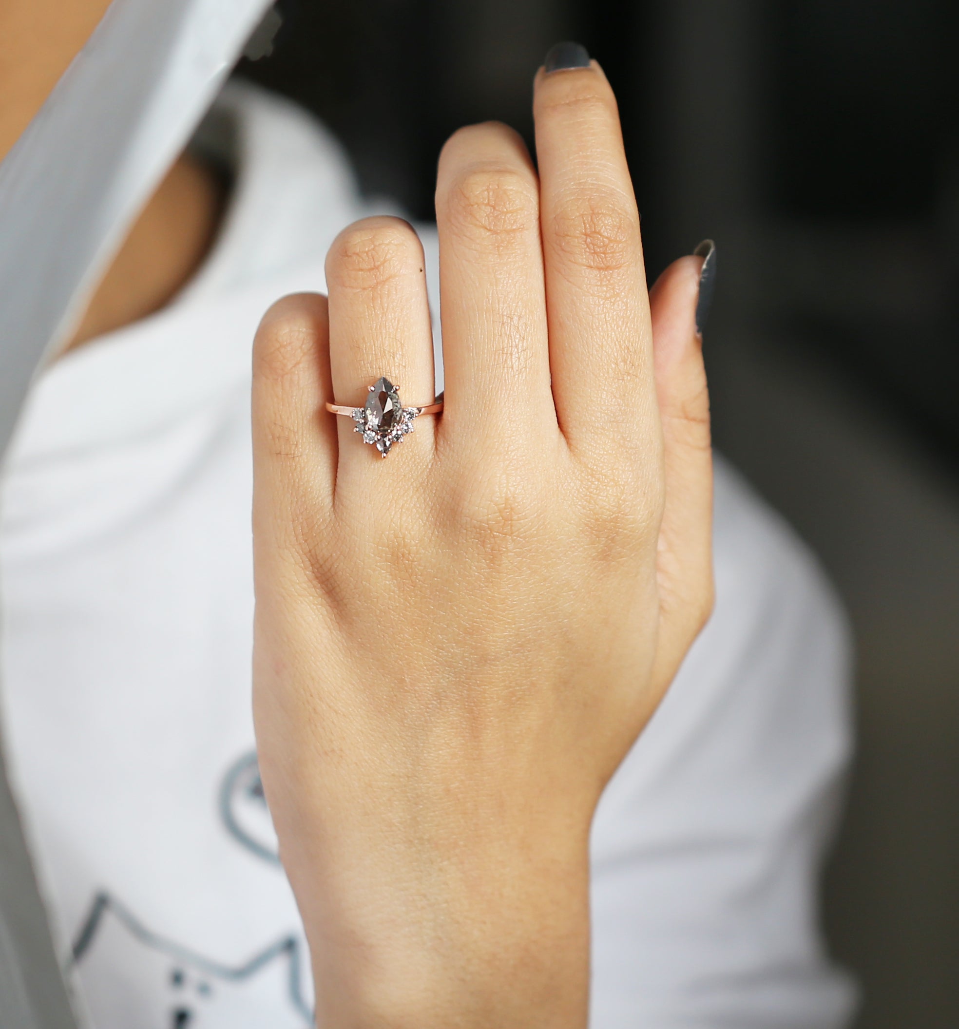 Salt And Pepper Diamond Ring, Engagement Ring, Pear Rose Cut Diamond Ring , 14K Rose Gold Ring ,Wedding Ring , Gift For Her KDL9281