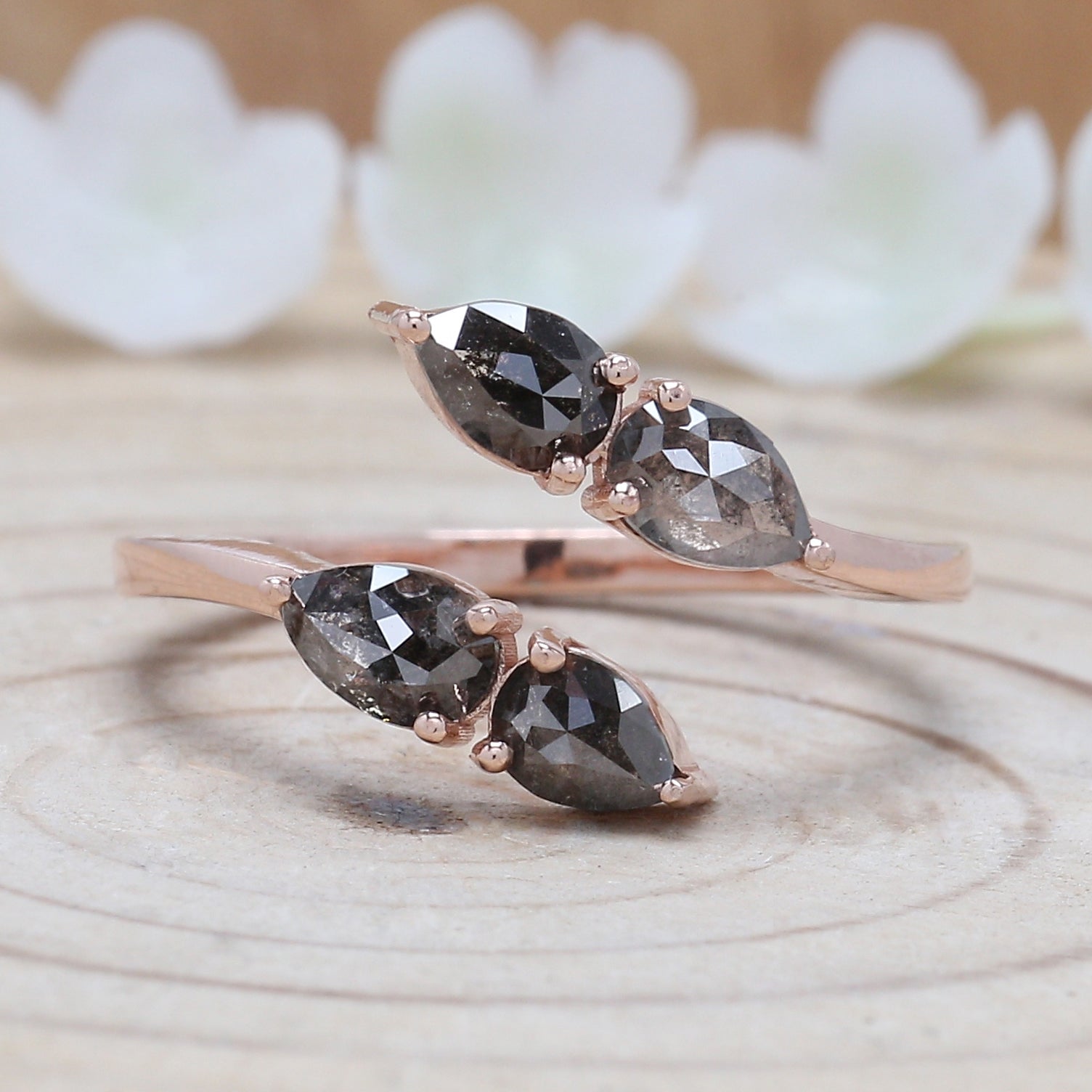 Pear Cut Salt And Pepper Diamond Ring 1.03 Ct 5.60 MM Pear Diamond Ring 14K Solid Rose Gold Silver Pear Engagement Ring Gift For Her QN1496