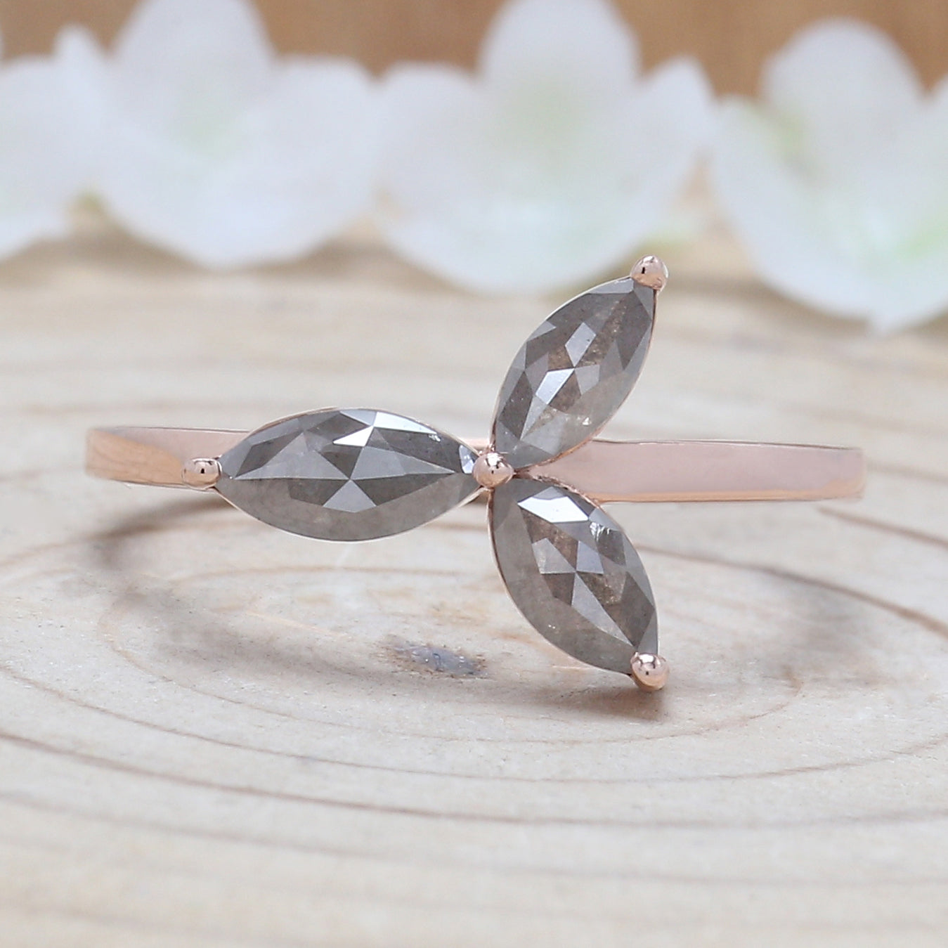 Marquise Cut Salt And Pepper Diamond Ring 0.83 Ct 7.40 MM Marquise Diamond Ring 14K Rose Gold Silver Engagement Ring Gift For Her QN1446