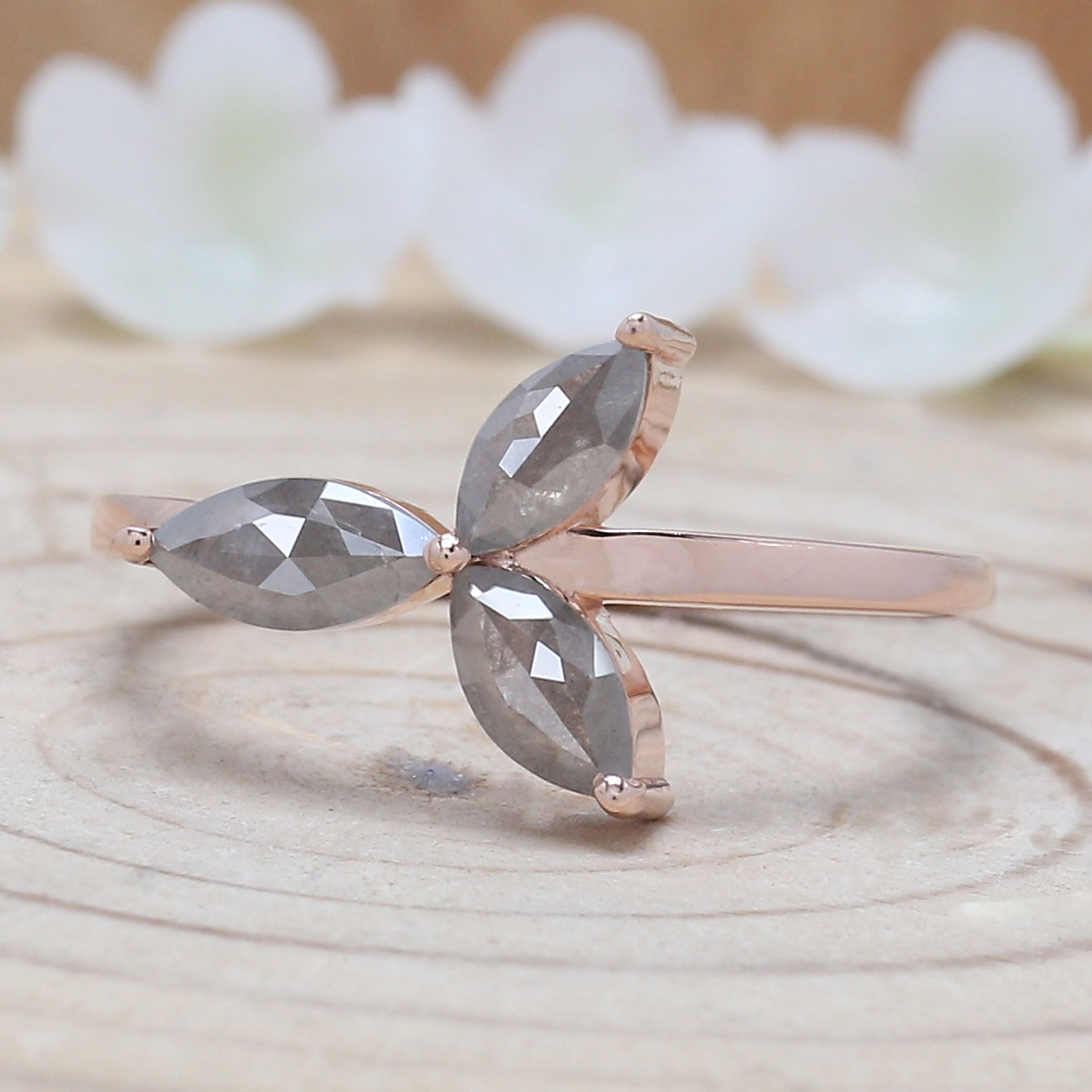 Marquise Cut Salt And Pepper Diamond Ring 0.83 Ct 7.40 MM Marquise Diamond Ring 14K Rose Gold Silver Engagement Ring Gift For Her QN1446