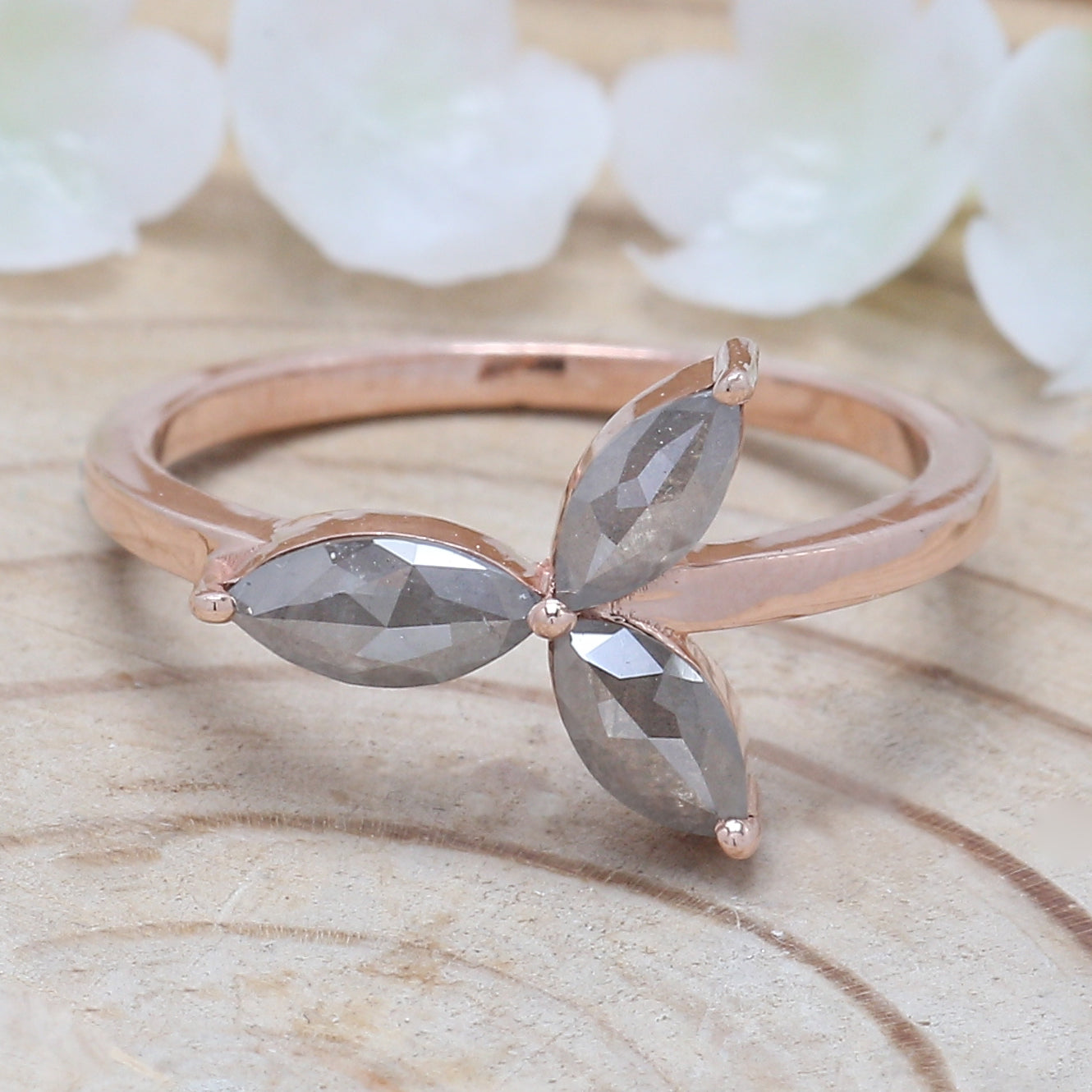 Marquise Cut Salt And Pepper Diamond Ring 0.83 Ct 7.40 MM Marquise Diamond Ring 14K Rose Gold Silver Engagement Ring Gift For Her QN1446