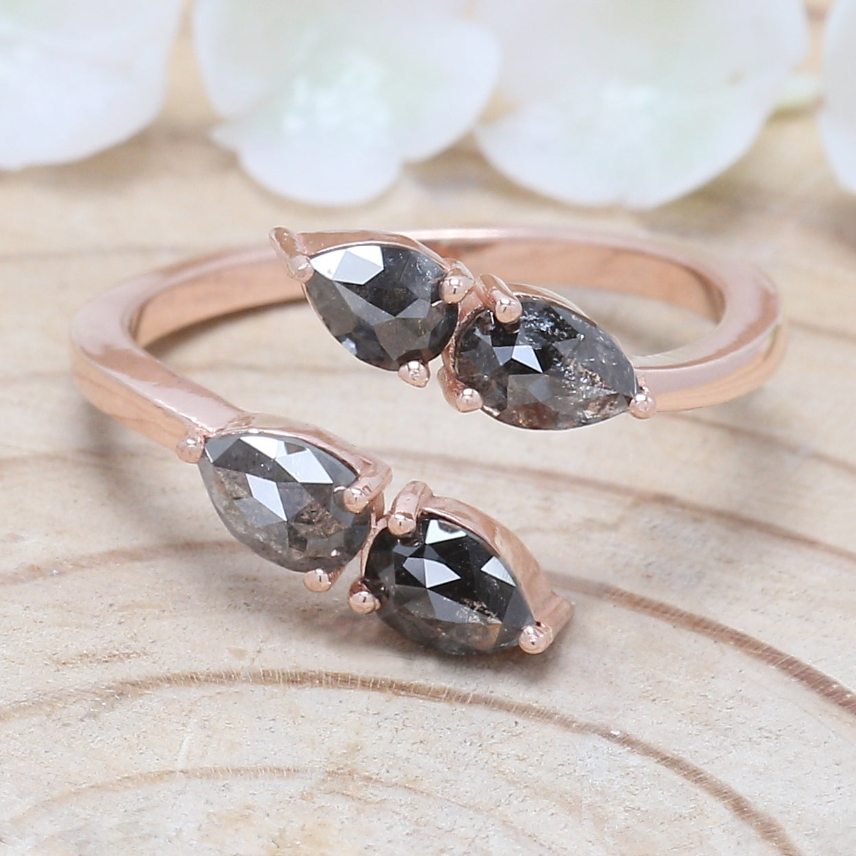 Pear Cut Salt And Pepper Diamond Ring 1.03 Ct 5.60 MM Pear Diamond Ring 14K Solid Rose Gold Silver Pear Engagement Ring Gift For Her QN1496