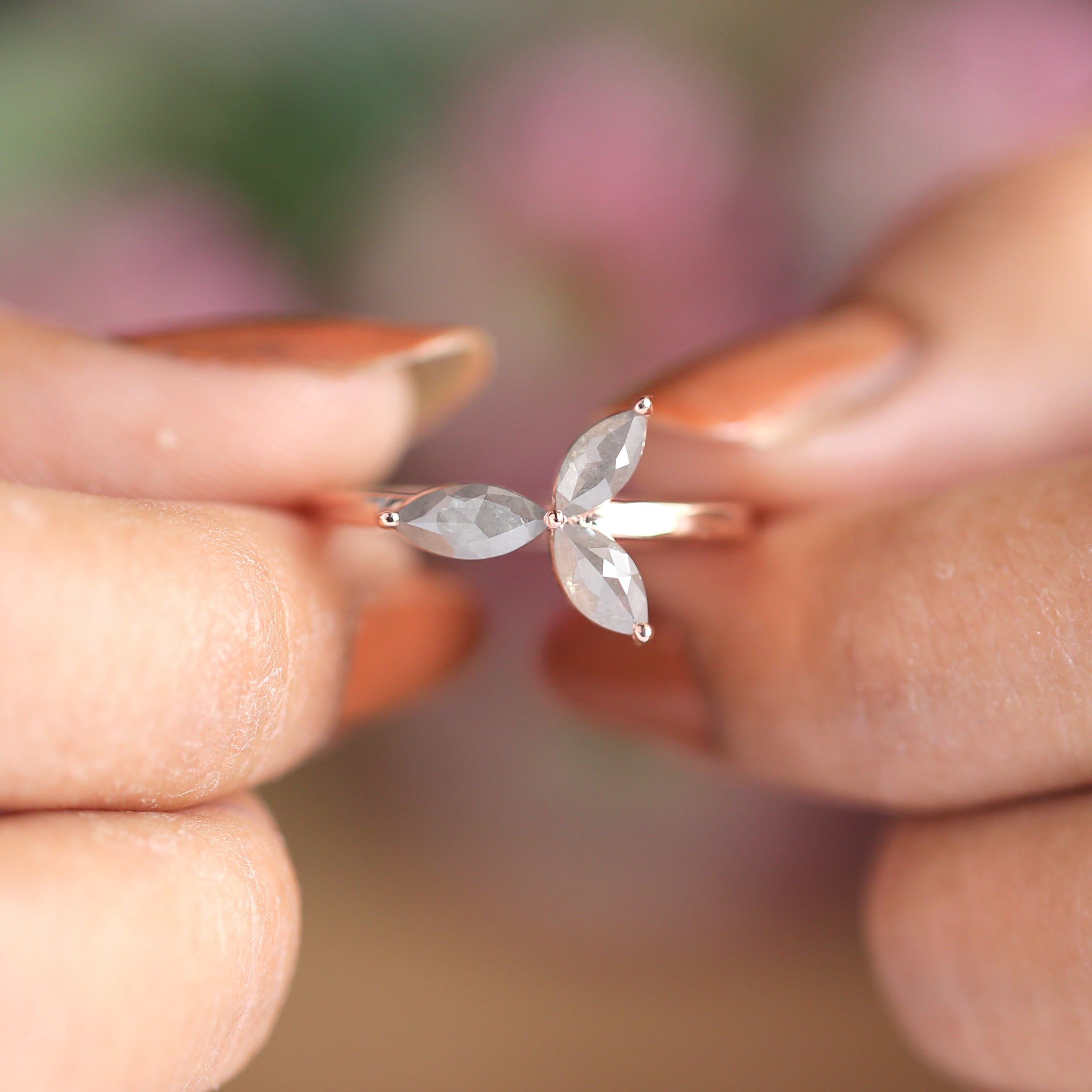 Marquise Cut Salt And Pepper Diamond Ring 0.83 Ct 7.40 MM Marquise Diamond Ring 14K Rose Gold Silver Engagement Ring Gift For Her QN1446