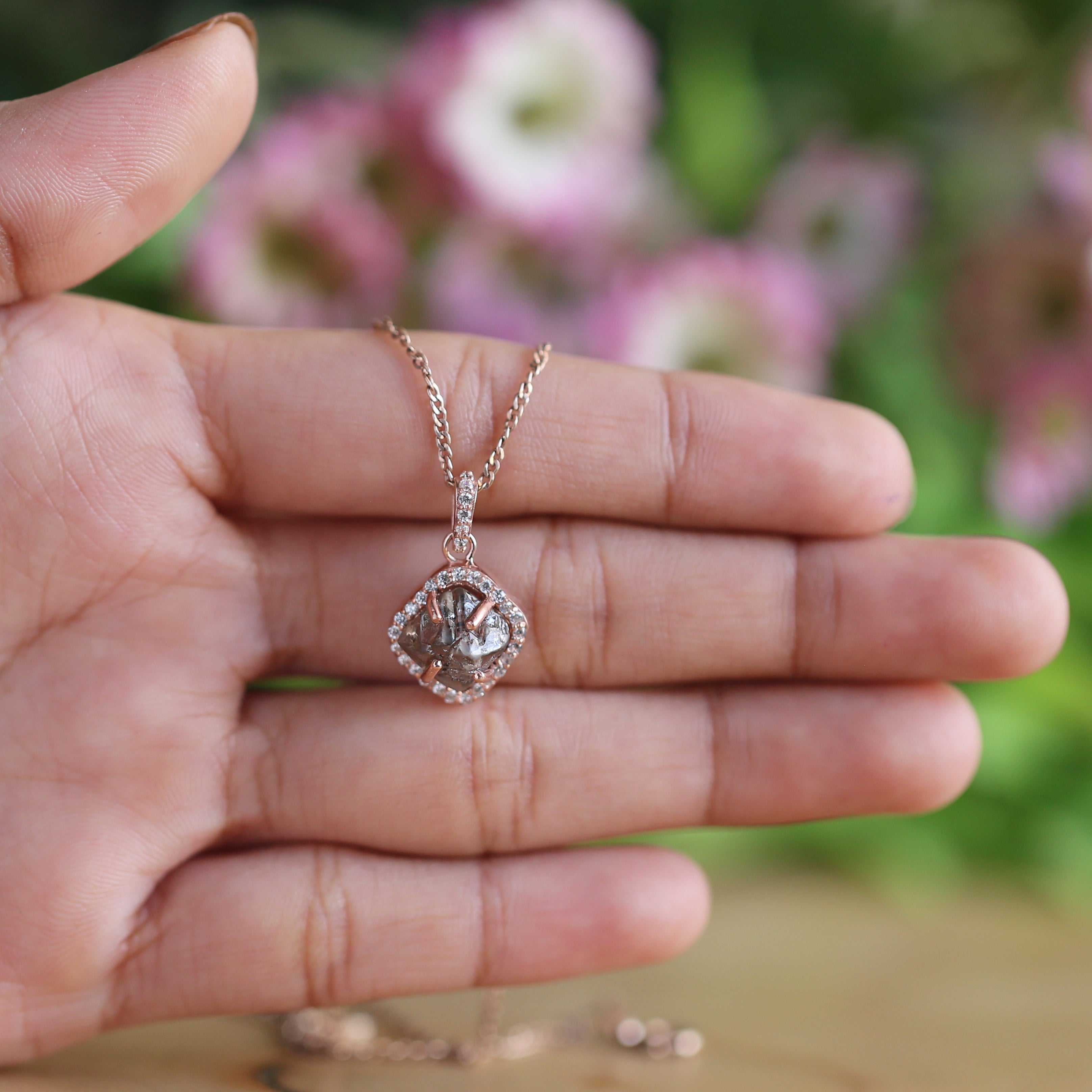 Rough Brown Color Diamond Pendant 3.36 Ct 9.70 MM Rough Diamond Pendant Solid Rose Gold Silver Engagement Pendant Gift For Her QN284