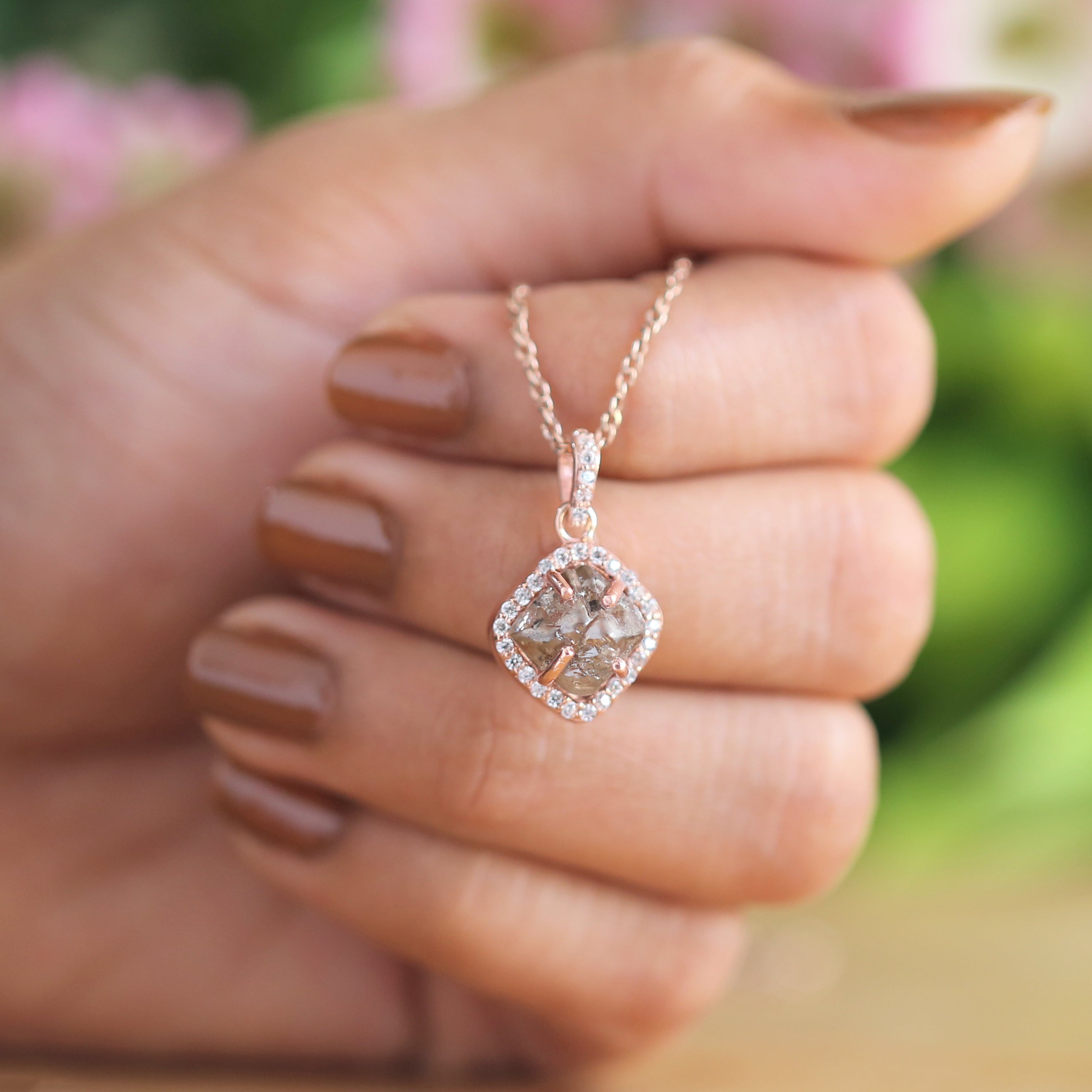 Rough Brown Color Diamond Pendant 3.36 Ct 9.70 MM Rough Diamond Pendant Solid Rose Gold Silver Engagement Pendant Gift For Her QN284
