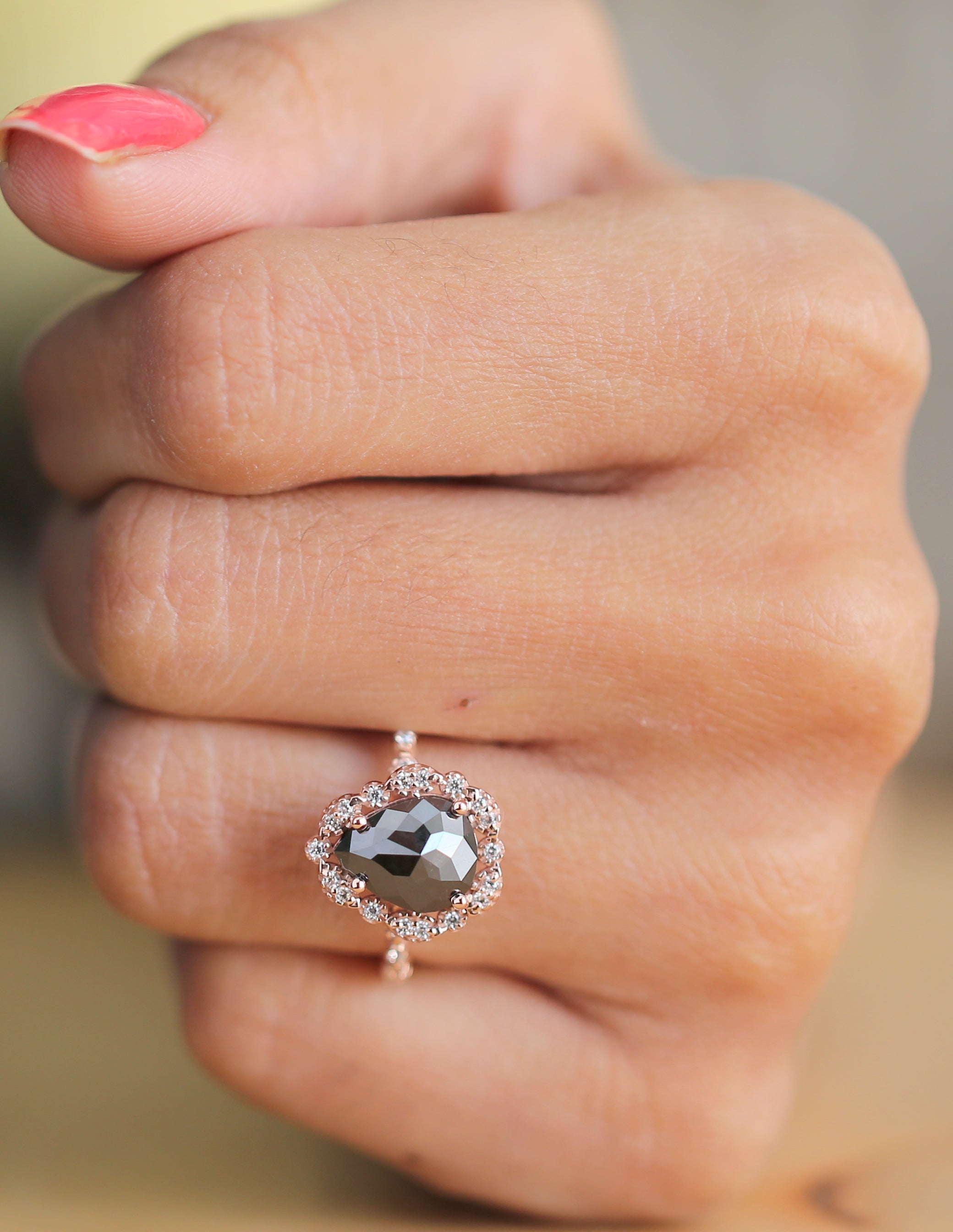 Pear Shape Black Color Diamond Ring 2.75 Ct 10.30 MM Pear Cut Diamond Ring 14K Solid Rose Gold Silver Engagement Ring Gift For Her QL3107