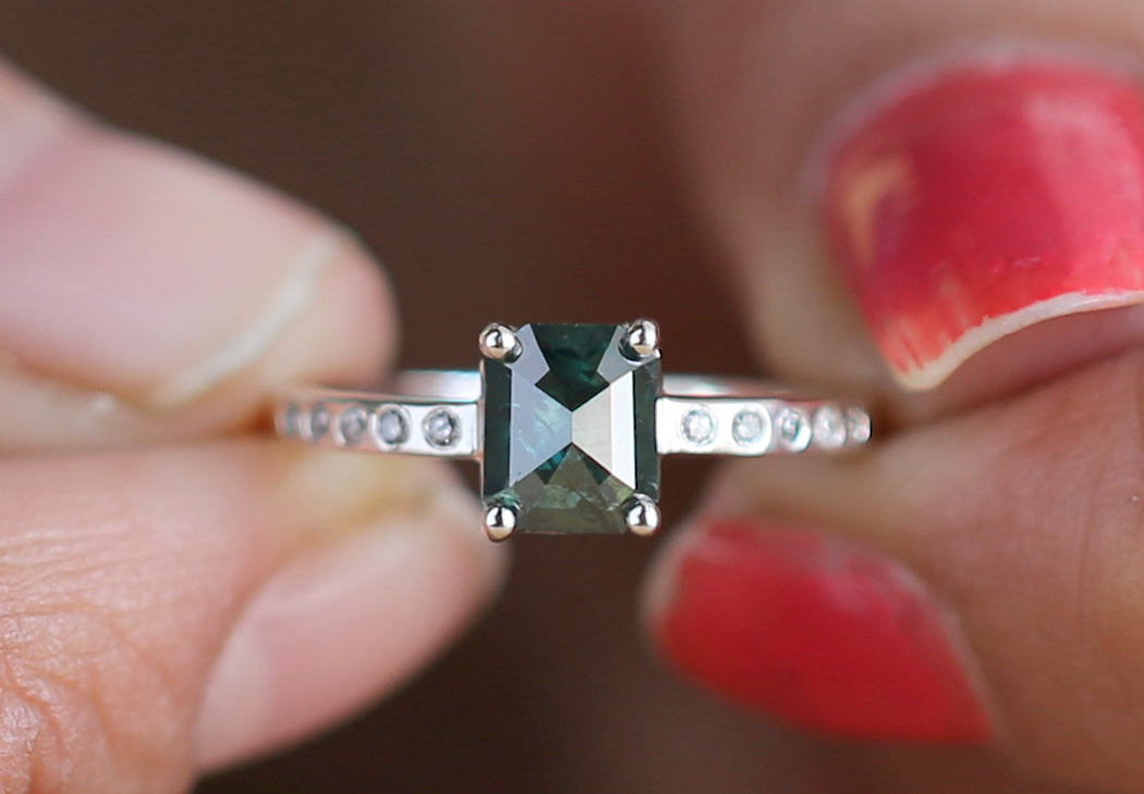 Emerald Blue Color Diamond Ring 1.04 Ct 6.60 MM Emerald Shape Diamond Ring 14K Solid White Gold Silver Engagement Ring Gift For Her QN9396