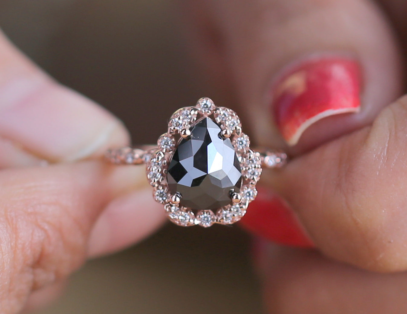 Pear Shape Black Color Diamond Ring 2.75 Ct 10.30 MM Pear Cut Diamond Ring 14K Solid Rose Gold Silver Engagement Ring Gift For Her QL3107