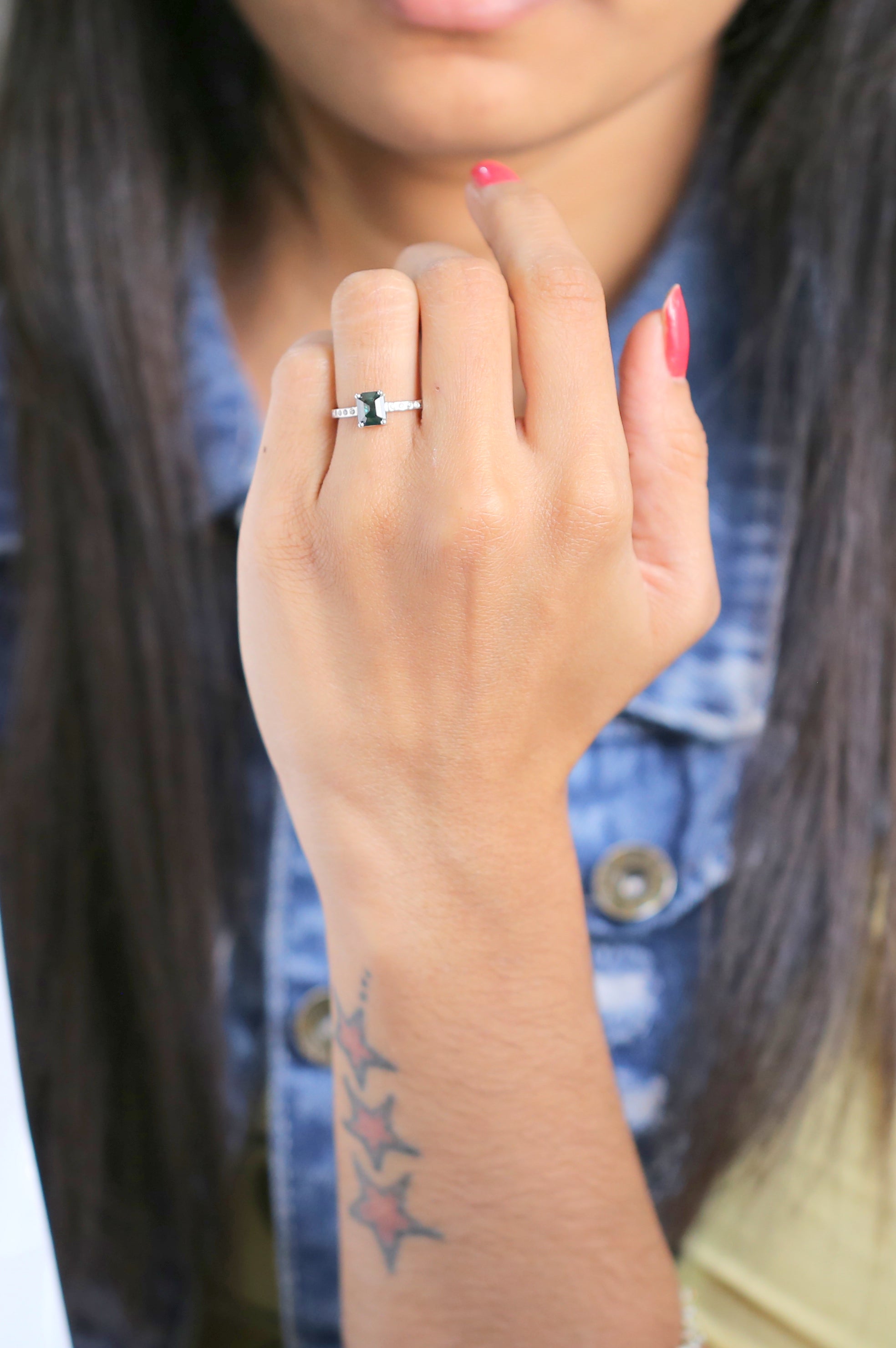 Emerald Blue Color Diamond Ring 1.04 Ct 6.60 MM Emerald Shape Diamond Ring 14K Solid White Gold Silver Engagement Ring Gift For Her QN9396