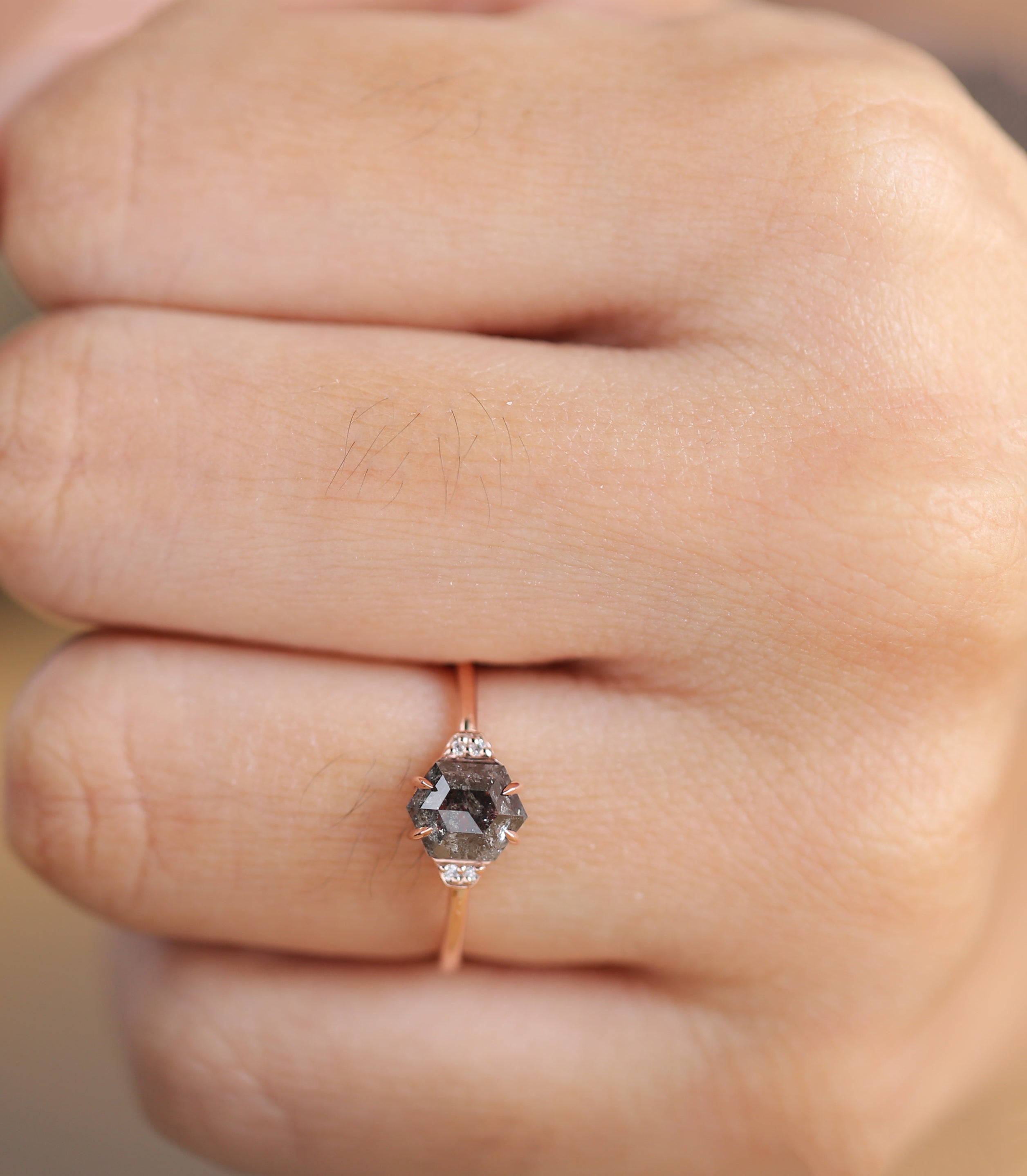 Salt and Pepper Diamond Ring, Engagement Ring,Hexagon Diamond Ring, Rose Cut Ring , 14K Rose Gold Ring ,Wedding Ring , Gift For Her KDL9197