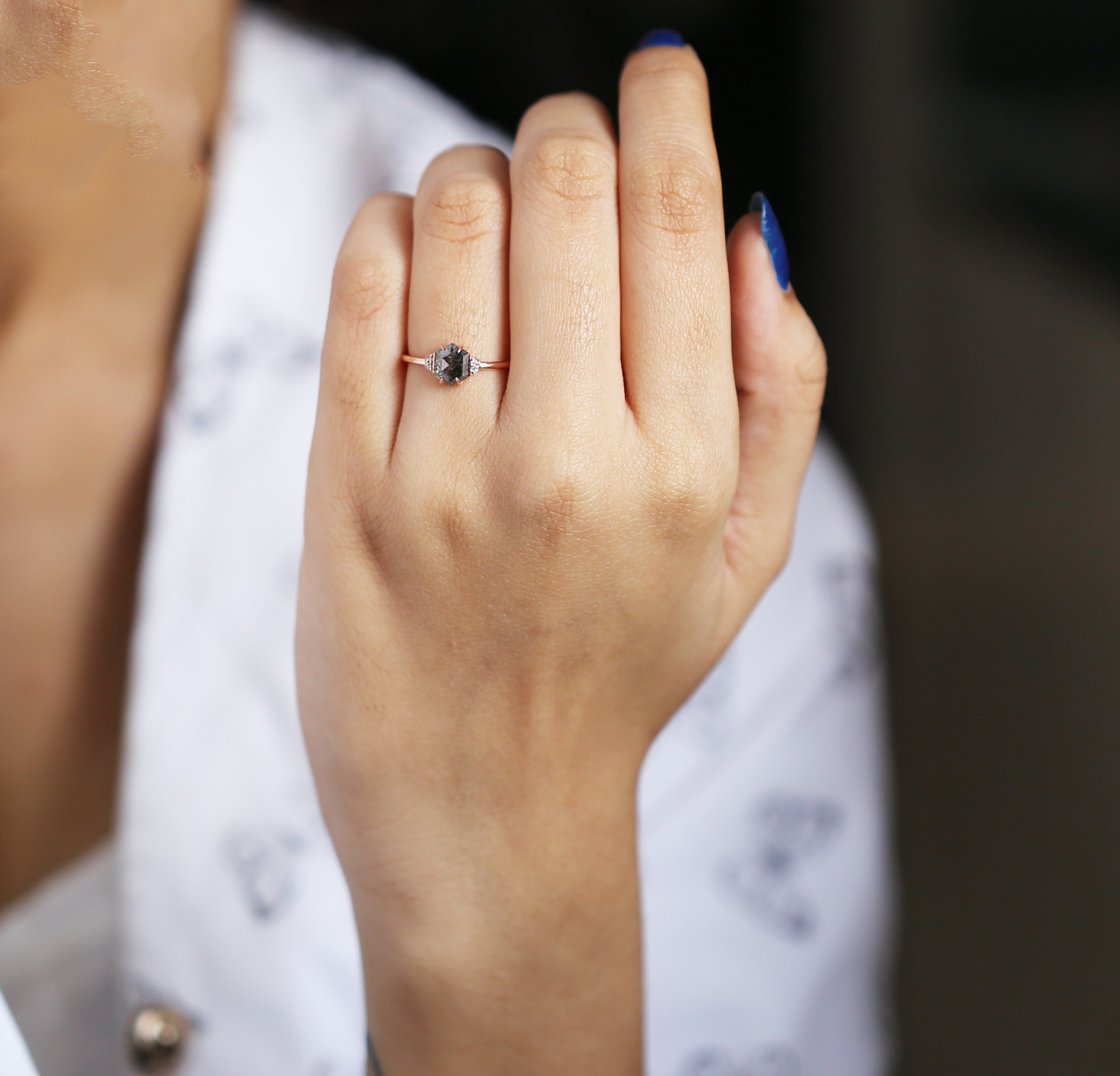 Salt and Pepper Diamond Ring, Engagement Ring,Hexagon Diamond Ring, Rose Cut Ring , 14K Rose Gold Ring ,Wedding Ring , Gift For Her KDL9197