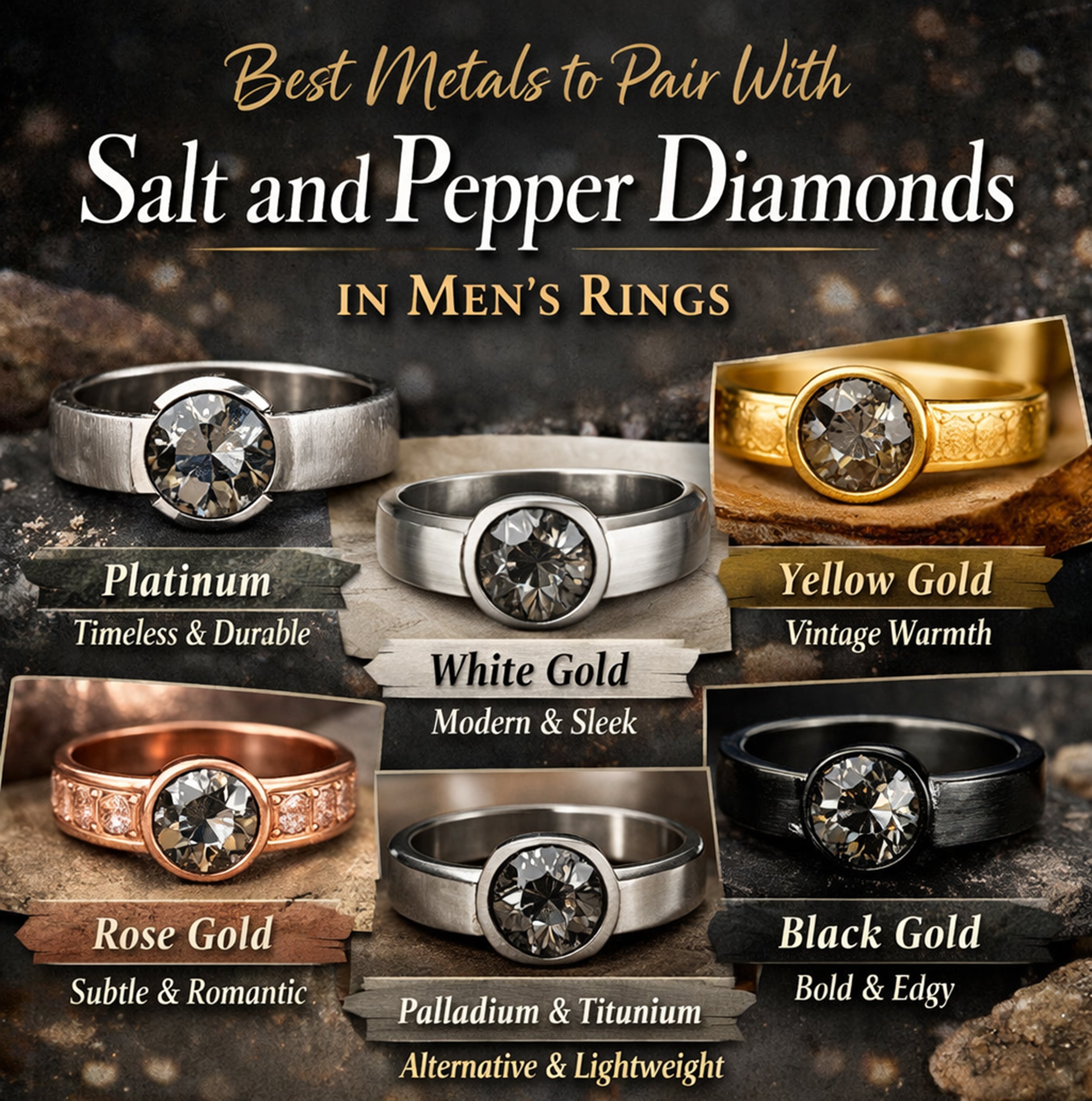 Best Metals to Pair With Salt and Pepper Diamonds in Men’s Rings