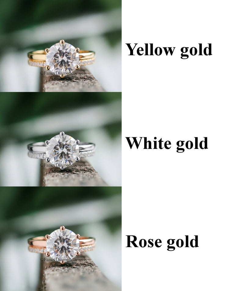 Round Moissanite Rings in Yellow Gold, White Gold, and Rose Gold