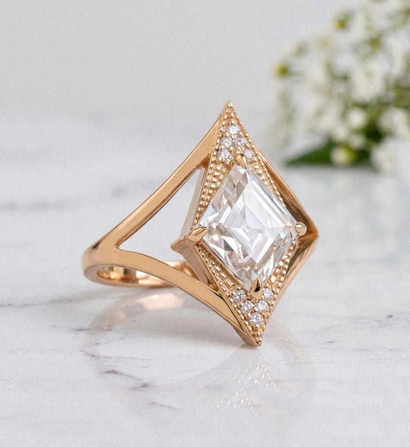 💍 Kite Cut Colorless Moissanite Gold Ring : Art Deco Vintage Ring | Unique Split Band